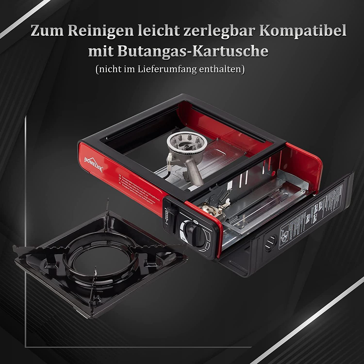 HOMELUX Gaskocher Campingkocher Grillplatte mit Piezozündung + 4 x Gaskartuschen, (Grillplatte Tischgrill Transportkoffer Gasbrenner Gasgrill, 5-St., Campingkocher Outdoor Camping Gas Kocher Herd)