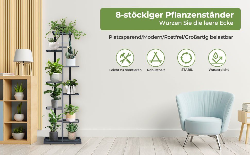 MULISOFT Blumenständer (Innen-Außen Metall Blumentreppe, Pflanzen Regal Blumenregal), Schwarz, Höhe 145cm, für Garten oder Balkon