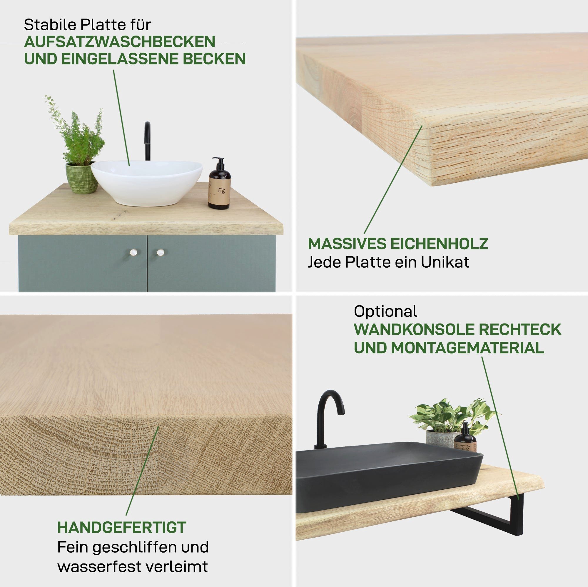 Natural Goods Berlin Waschtischplatte EICHE (1 St), Eichenholz massiv, Aufsatzwaschbecken, Echtholz, Naturkante, 80 x 50cm