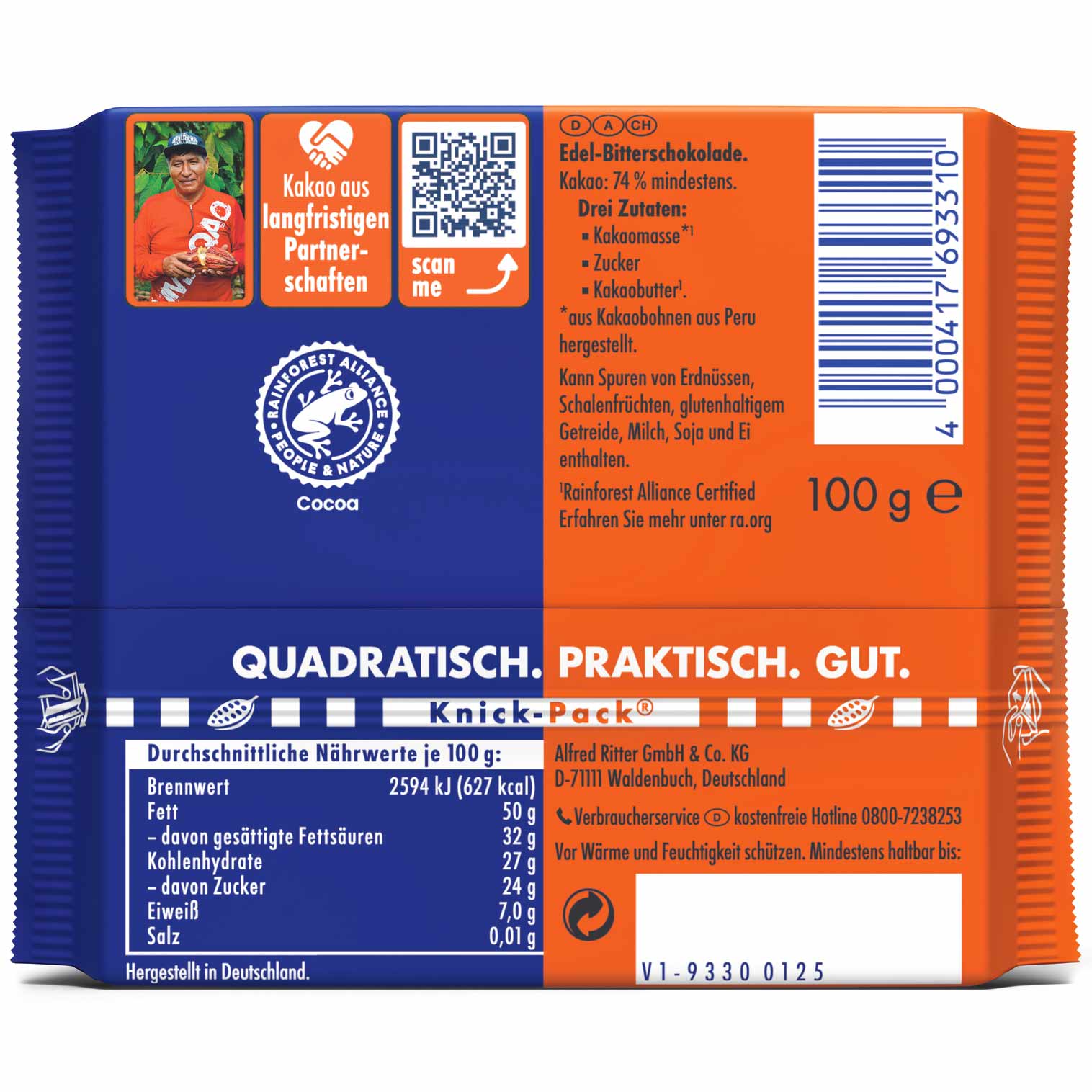 Ritter Sport Kakao-Klasse 74% Die Kräftige aus Peru 100g