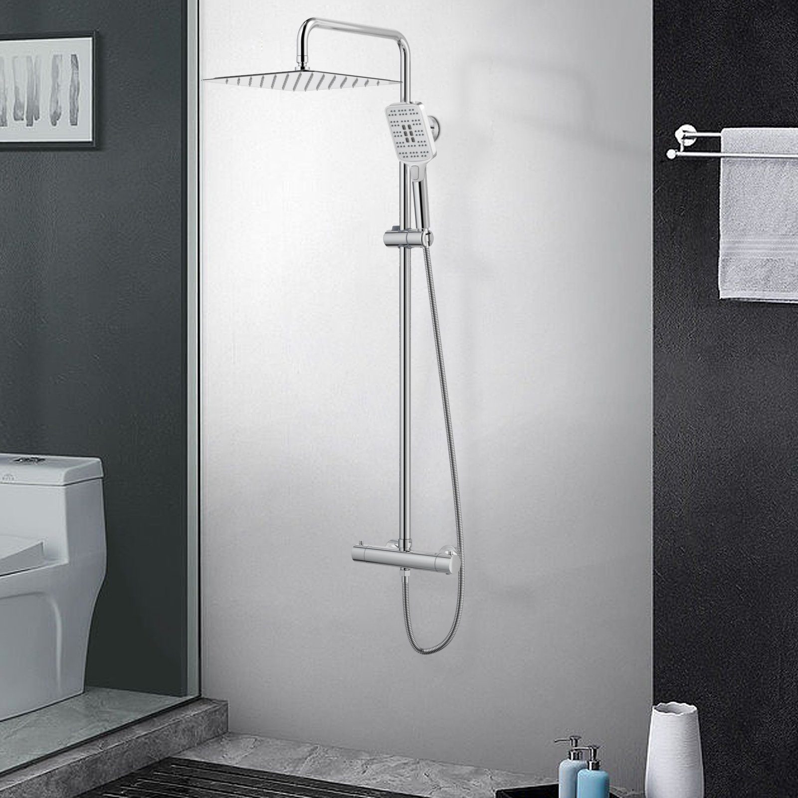 Rainsworth Duschsystem 3 Funktionen Duschsystem ohne Armatur, Höhe 126 cm, Set, Duschset Duschstangeset Duschsäuleset, eckig Regenduschset mit Kopfbrause 20x20cm für Badezimmer, Chrom