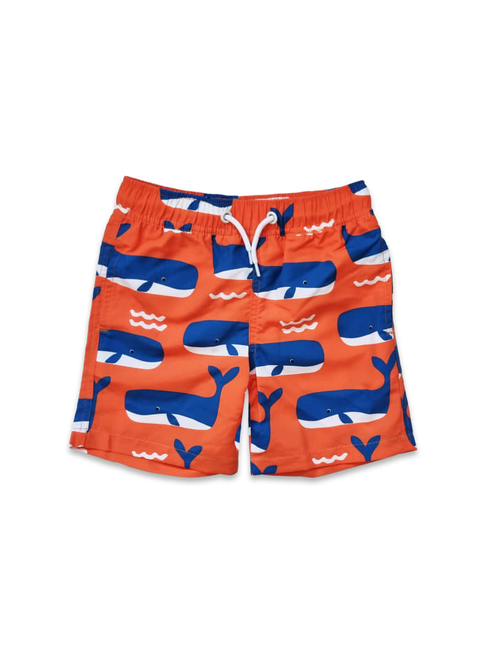 Toby Tiger Schwimmshorts mit Wal und Wellen Print in orange günstig kaufen