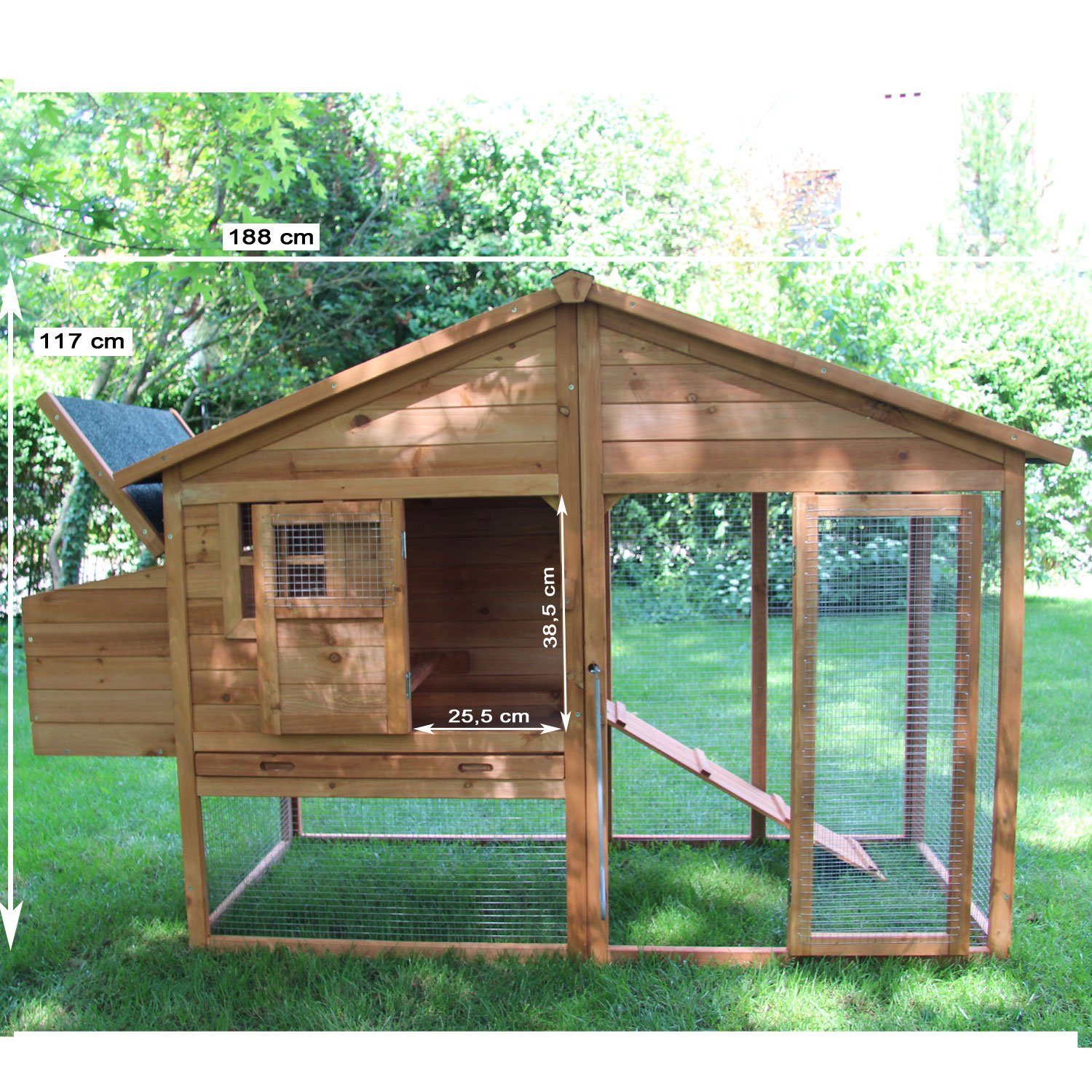 NYVI Hühnerstall Hühnerstall XXL 188 x 70 x 117 Hühnerhaus mit Auslauf und Nistkasten, Imprägniertes Holz, winterfest, mit Auslauf, mit Dachpappe