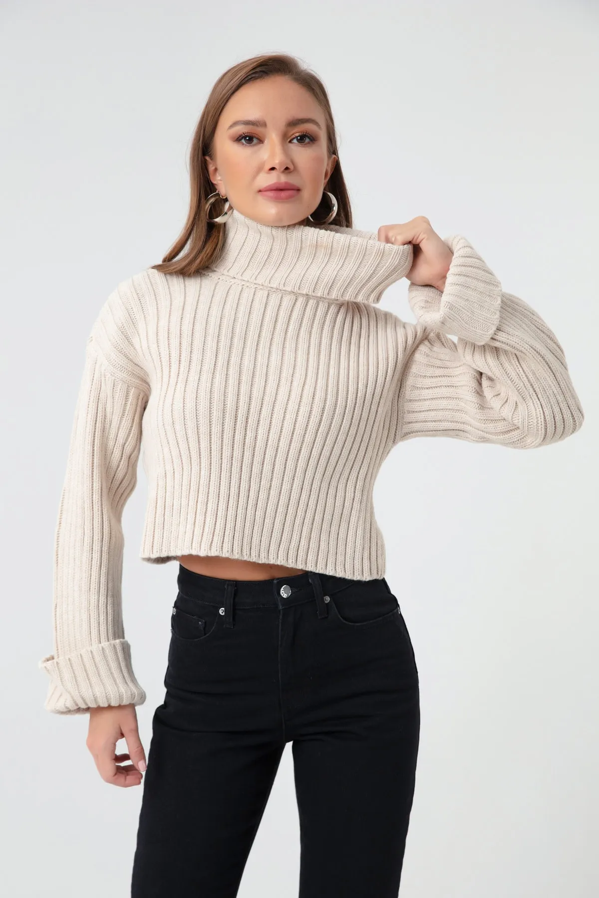 Lafaba  Breiter, gerippter Rollkragen-Strickpullover für Damen in Steinoptik