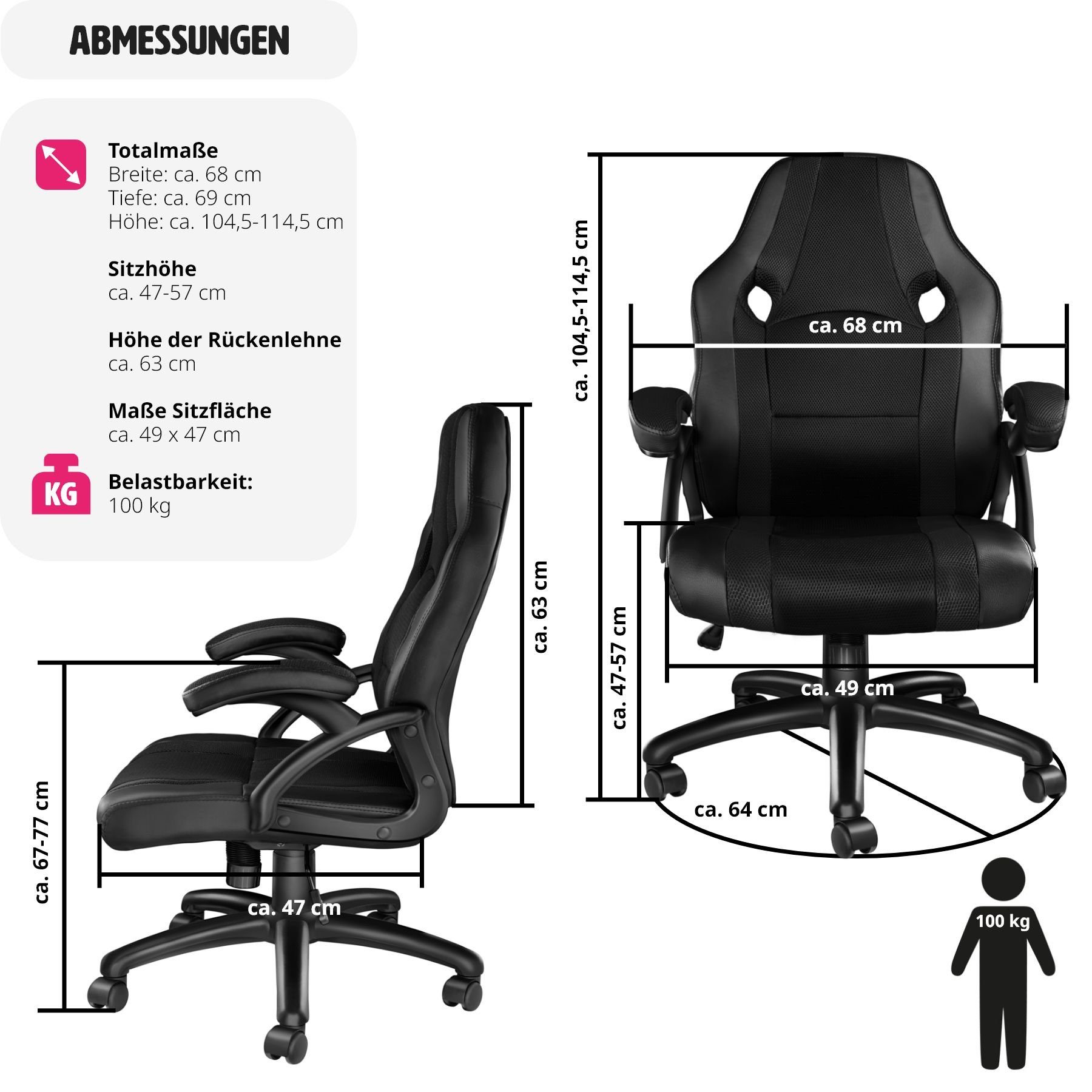 tectake Gaming-Stuhl Benny (1er, 1 St), einstellbare Wippmechanik