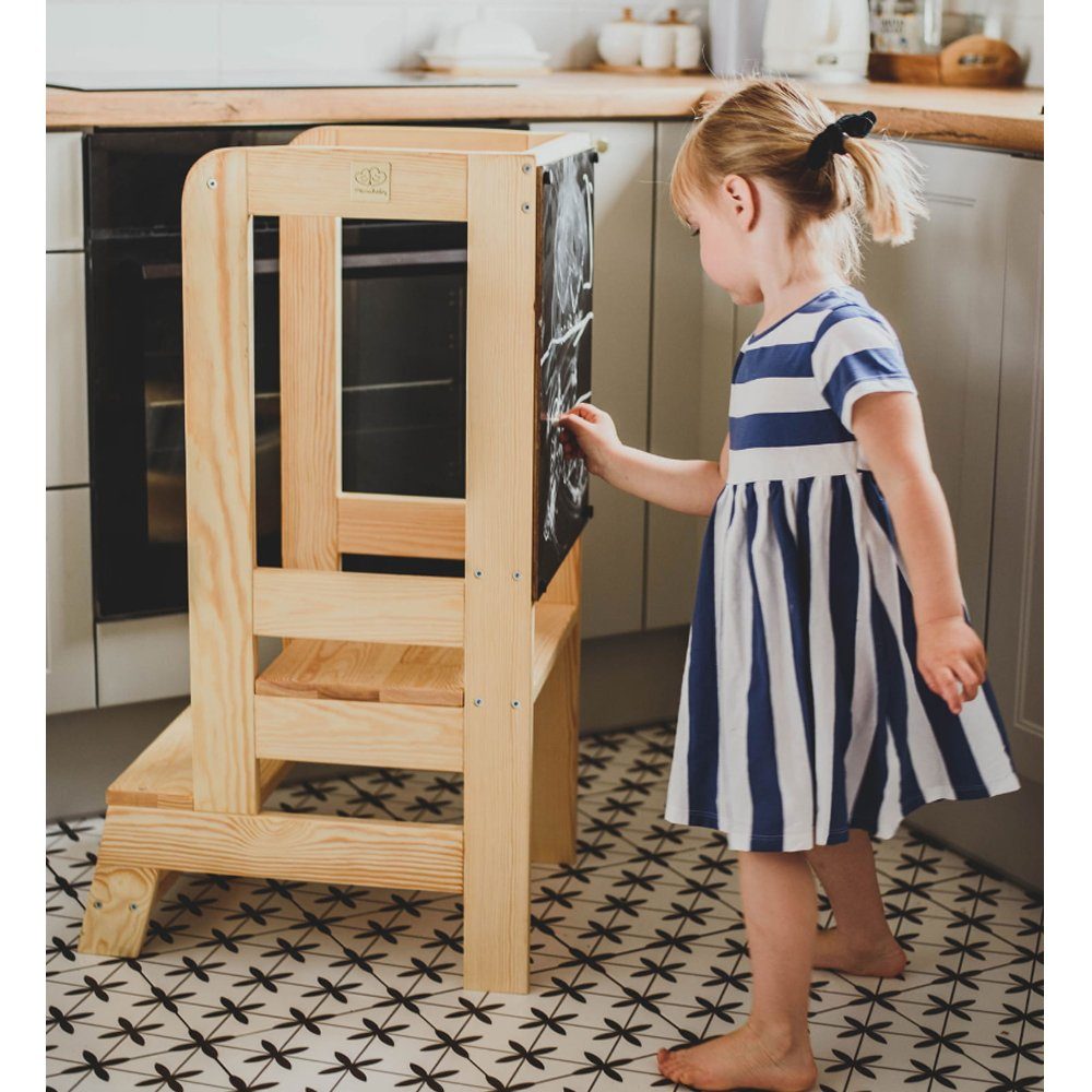 MeowBaby Stehhilfe Lernturm für Kinder Montessori Lernstuhl mit Kreidetafel Natur (1 St), Kinderhocker, Höhenverstellbar, Abgerundete Ecken & Kanten