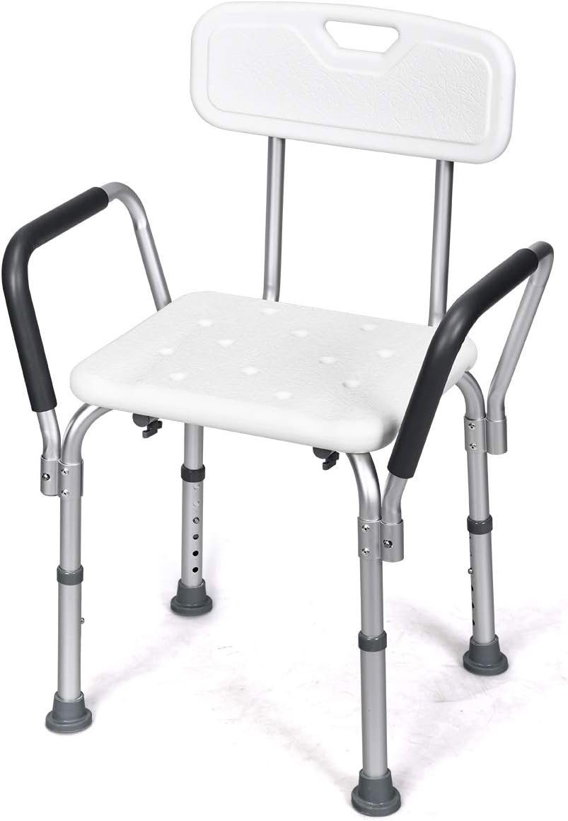 KOMFOTTEU Duschhocker Badestuhl, belastbar bis 150,00 kg, höhenverstellbar, mit Armlehnen & Rückenlehne, bis 150kg