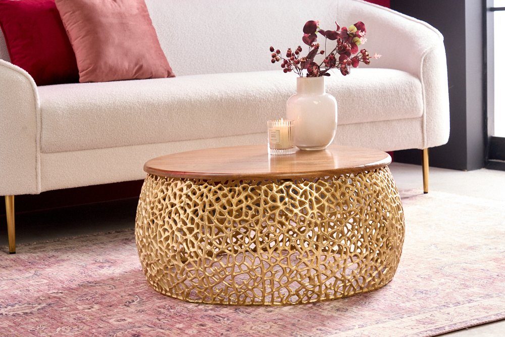 riess-ambiente Couchtisch ABSTRACT LEAF Ø75cm gold / braun (Einzelartikel, 1-St), Wohnzimmer · Massivholz · Metall · rund · handmade · Modern Design
