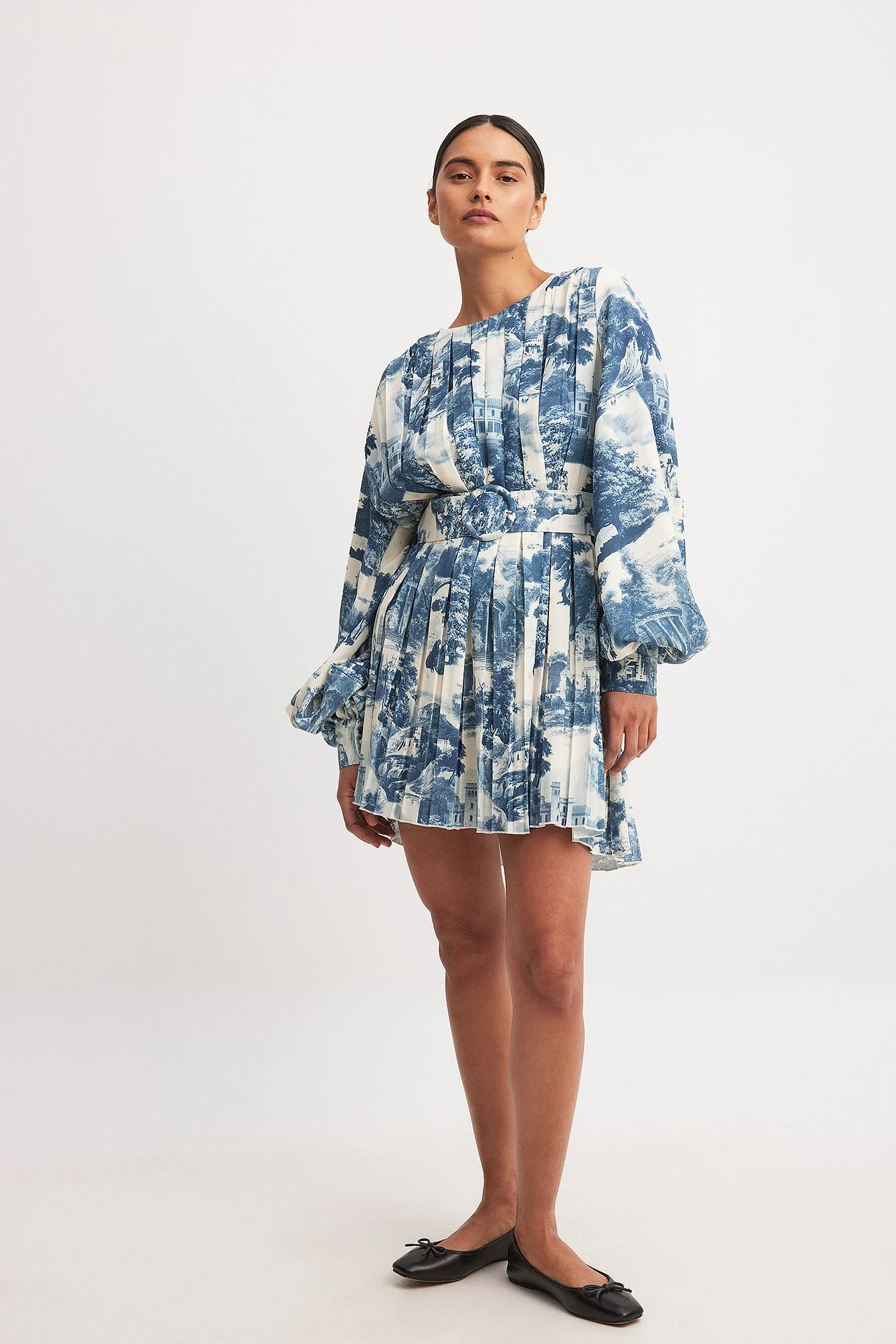 Pleated Woven Balloon Sleeve Mini Dress