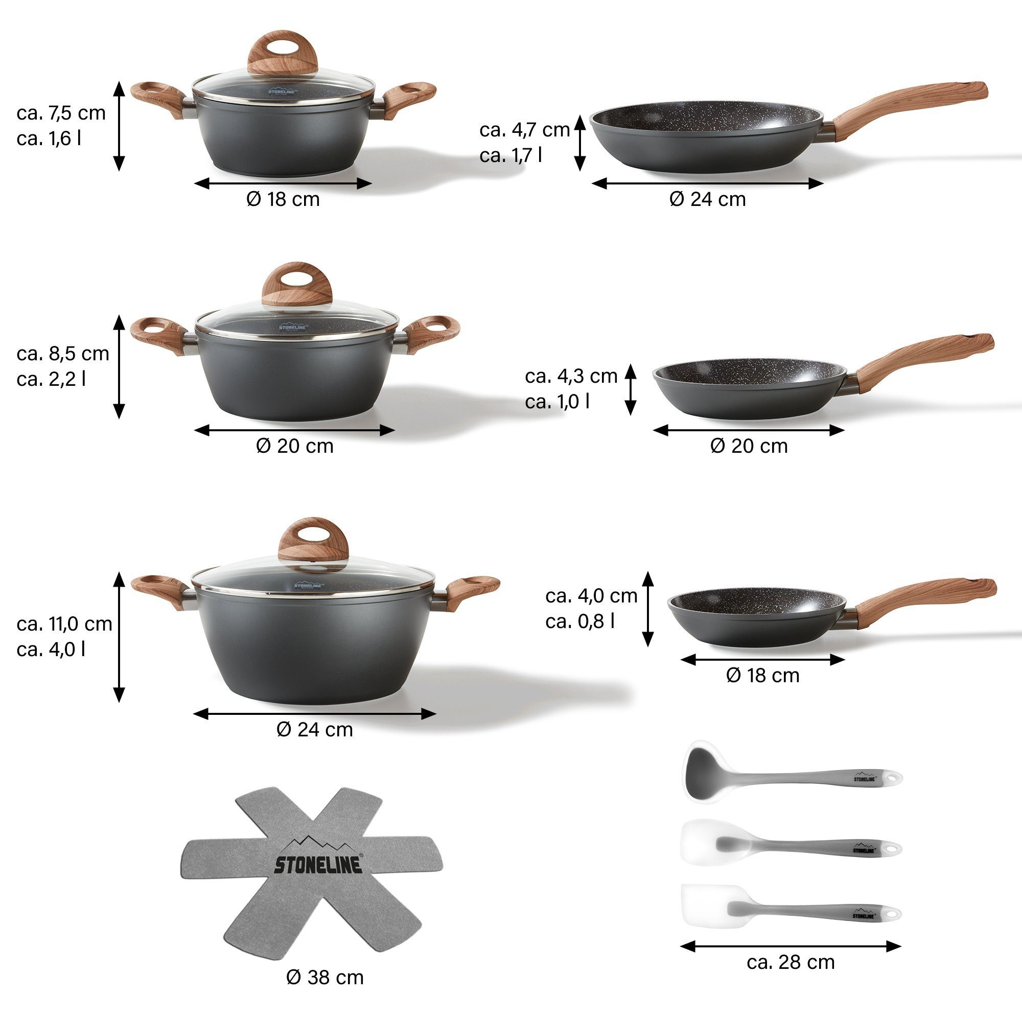 STONELINE Topf-Set Kochgeschirr-Set, 14-teilig, mit Griff in Holzoptik und Glasdeckeln, Aluminium, Keramik (Kochgeschirr-Set, 14-tlg., Kochgeschirr-Set, 3x Kochtopf, 3x Bratpfanne, 3x Glasdeckel, Zubehör), mit echten Steinpartikeln, induktionsgeeigne