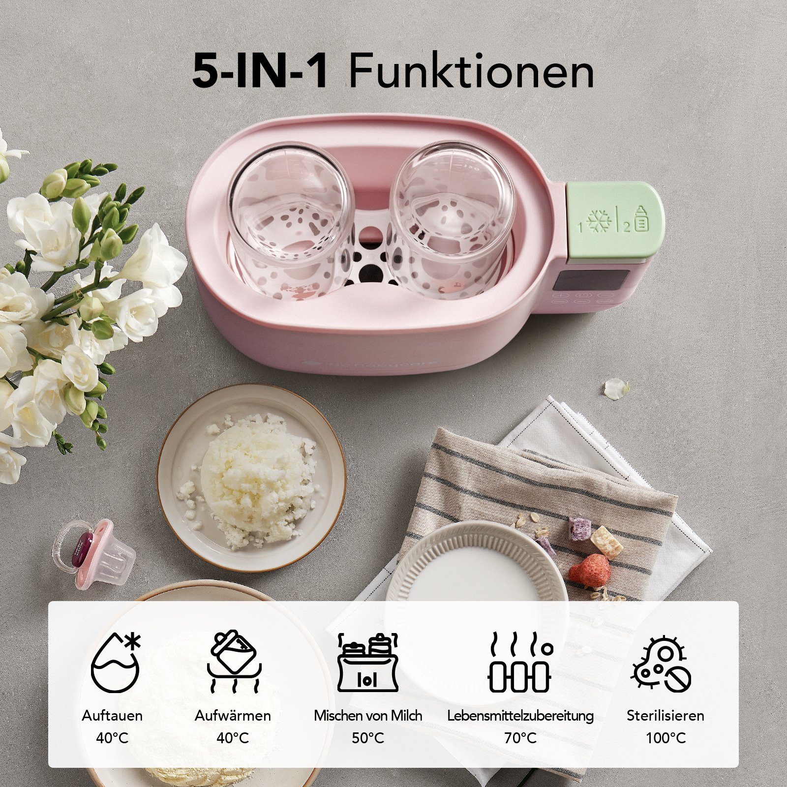 BC Babycare Babyflaschenwärmer Elektrischer Milcherwärmer, 5 in 1, Gleichzeitige Erwärmung von zwei Flaschen