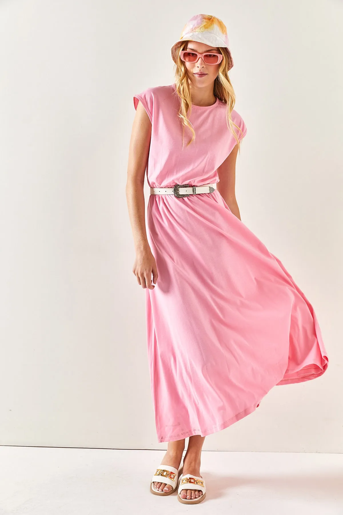 Olalook  Rosa Fledermaus-Baumwollkleid für Damen mit elastischem Bund ELB-19001509