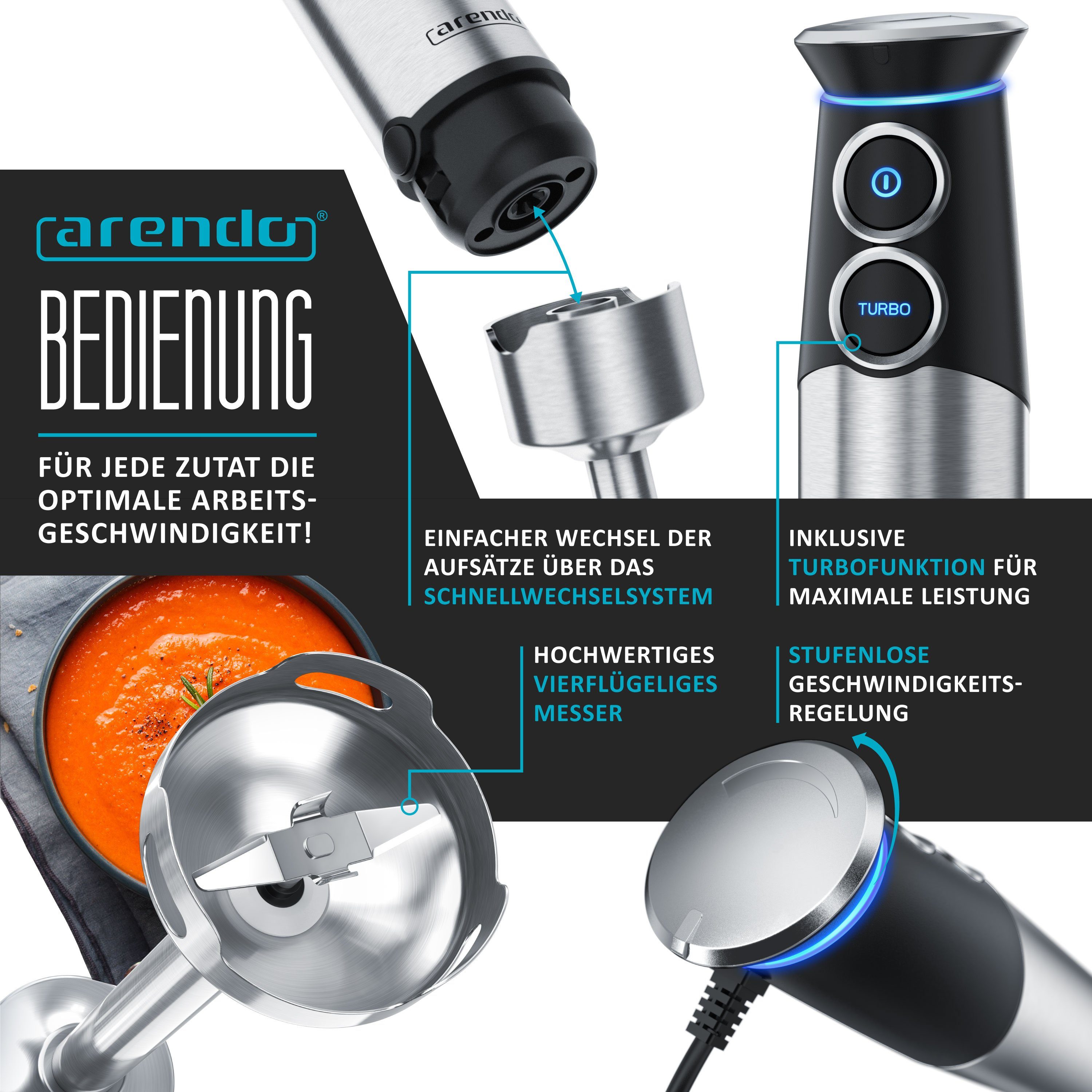Arendo Stabmixer, 1500 W, Pürierstab Edelstahl Set, stufenlose Geschwindigkeit + Turbotaste