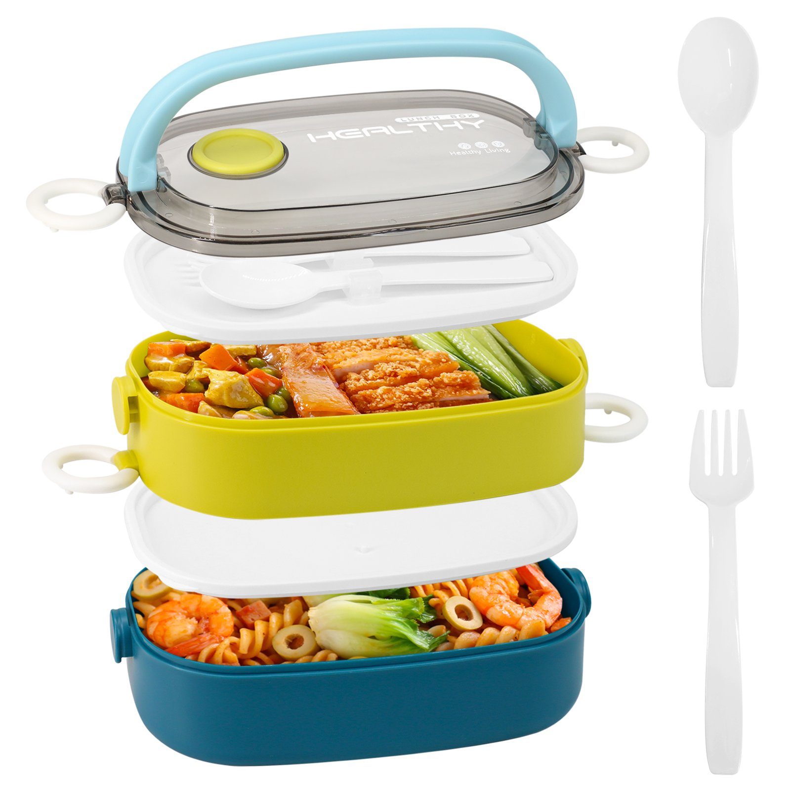MDHAND Lunchbox 1600ML Lunchbox mit Löffel und Gabel für Kinder/Erwachsene, (1-tlg), Blau Grün