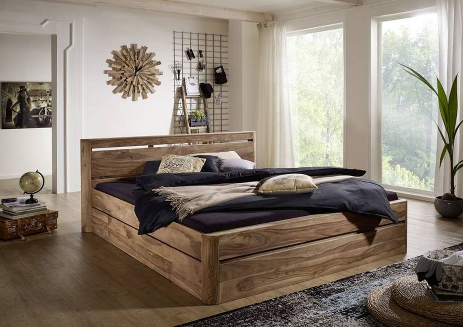 Massivmoebel24 Massivholzbett Bett Sheesham 200x200x90 smoked cherry gebeizt TORONTO #158