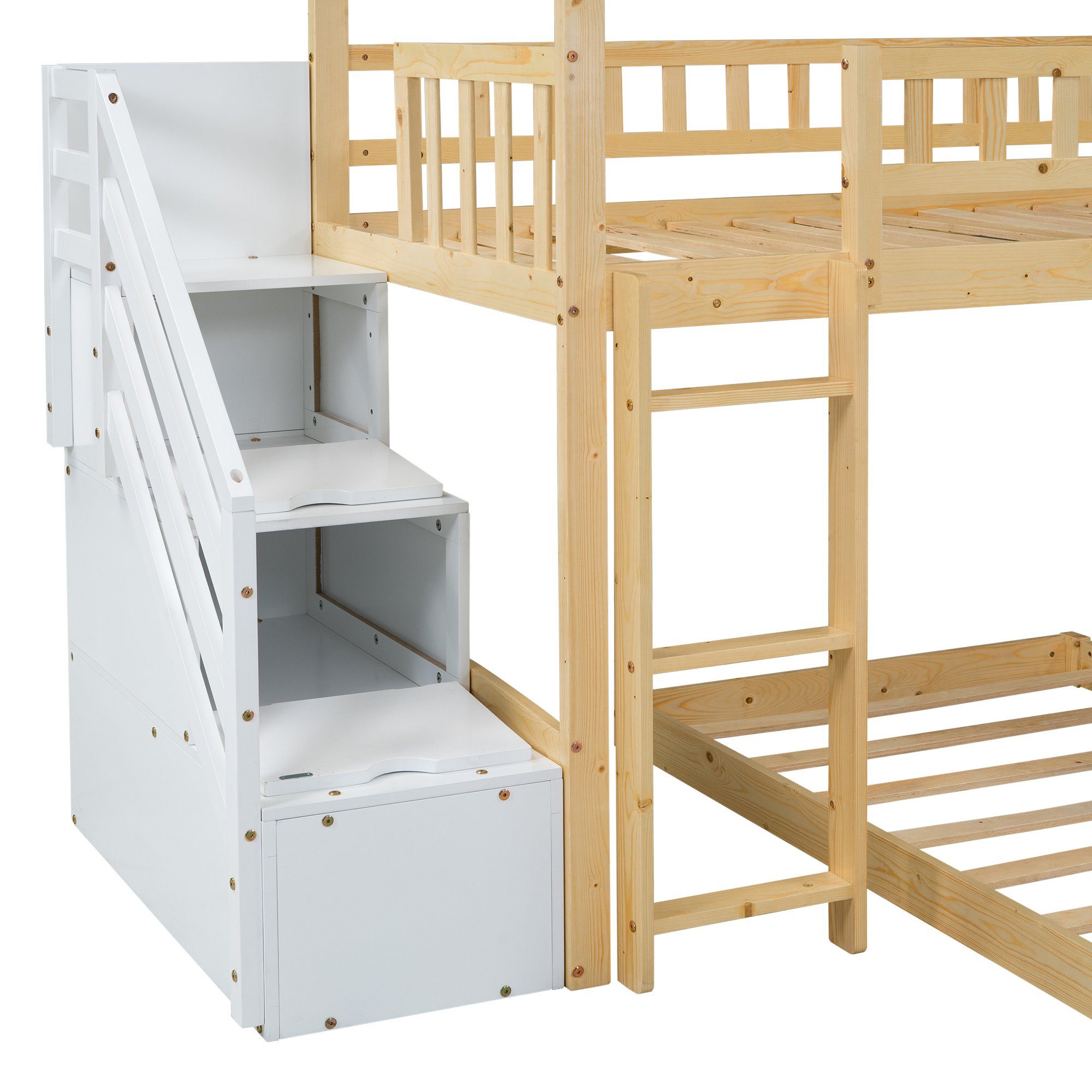 Gotagee Kinderbett Hausbett Kinderbett Etagenbett mit Treppe+Stauraum+Rutsche 90x200cm, Natur+Weiß