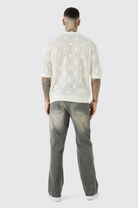 Tall kurzärmliges kastiges Strick-Poloshirt in Ecru