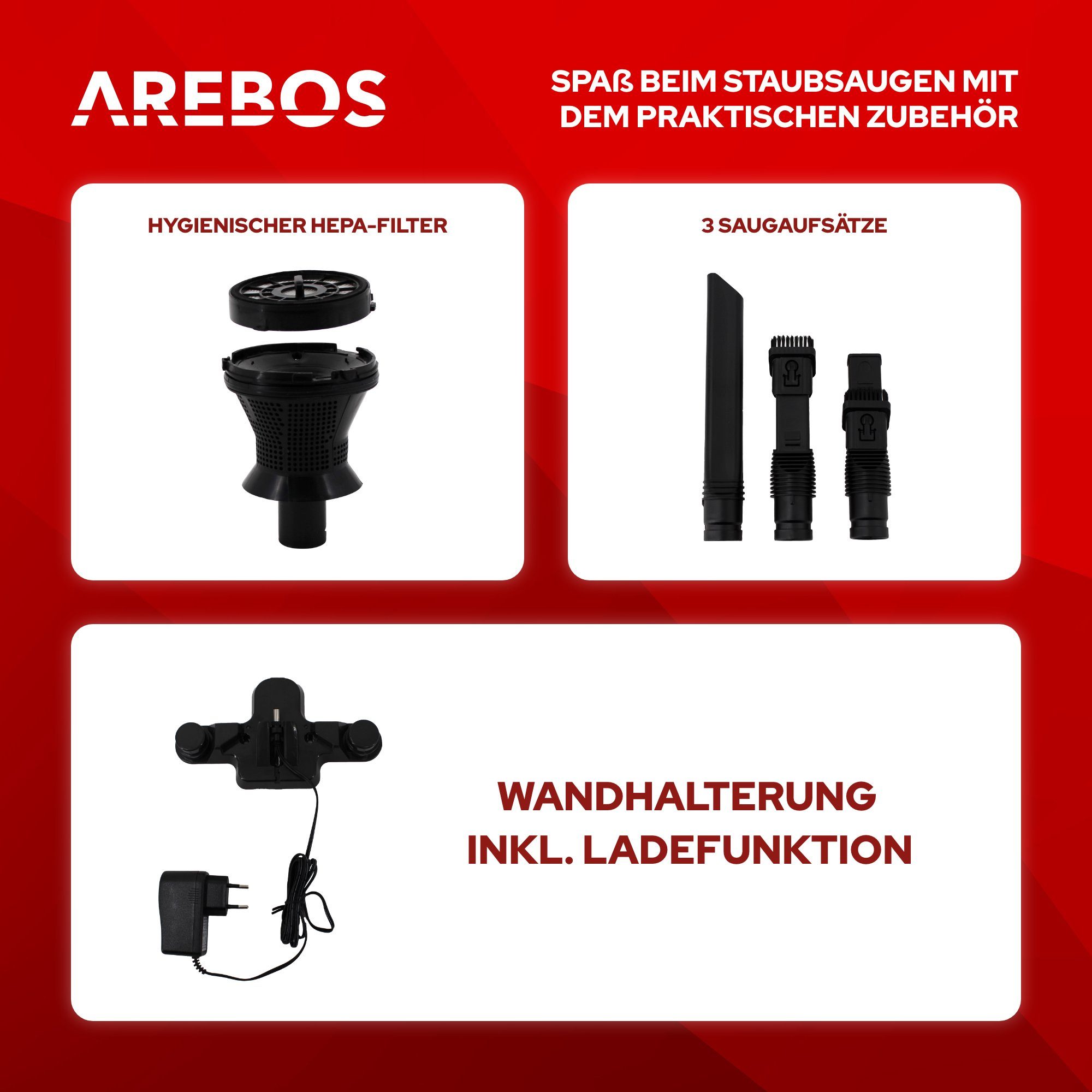 Arebos Akku-Handstaubsauger Lithium-Ionen-Akku Staubsauger, 2-in-1 Hand- und Bodenstaubsauger, 200,00 W, beutellos