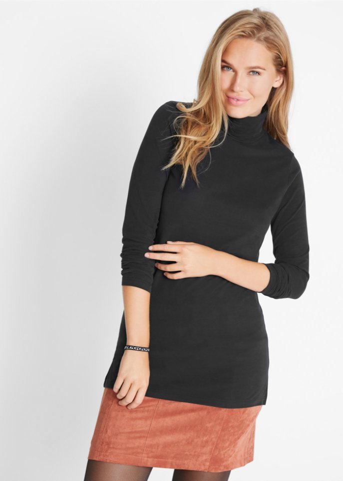 Baumwoll-Stretch-Longshirt mit Rollkragen und Seitenschlitz, Soft-Touch