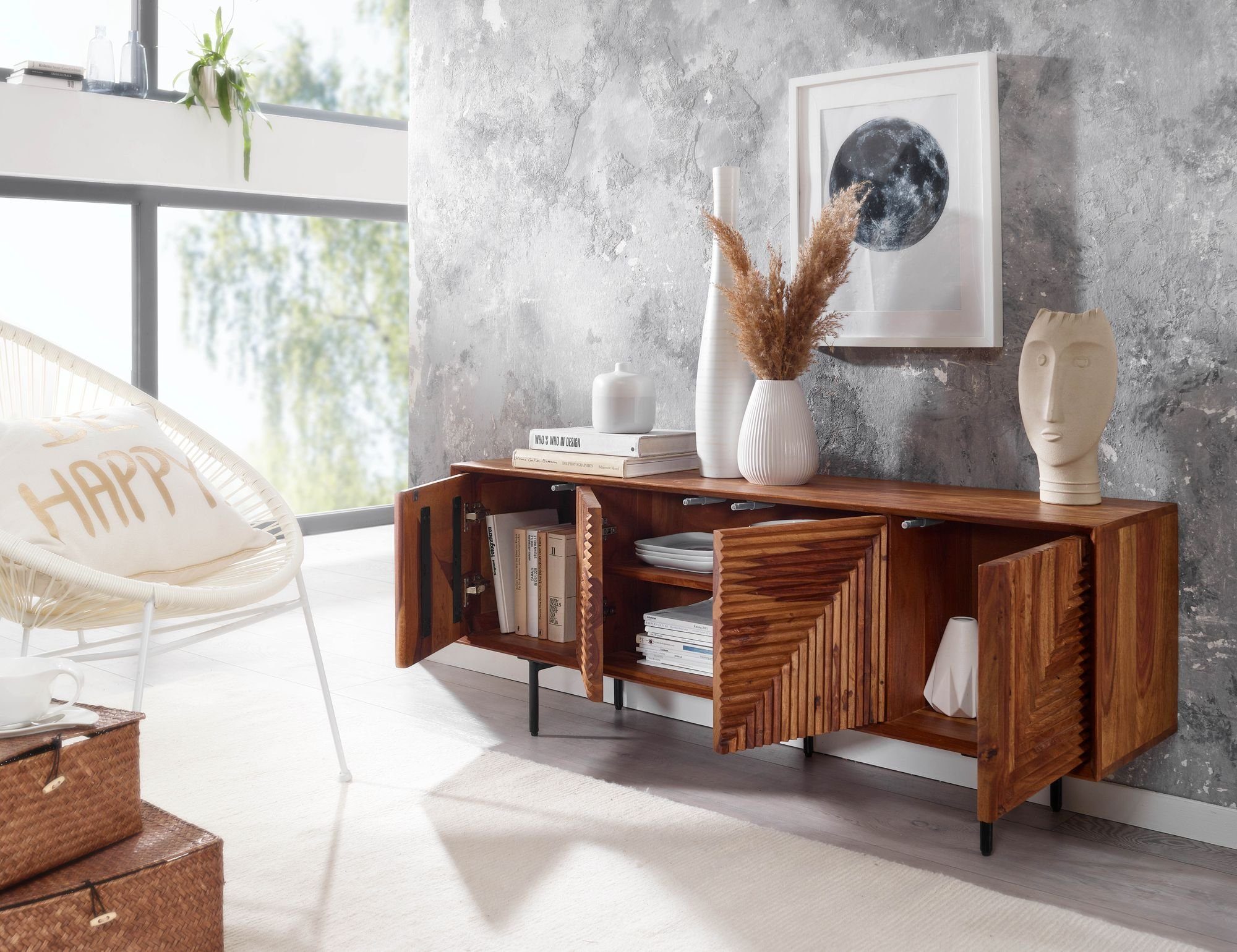 FINEBUY Lowboard FB78855 (Sheesham Massivholz 140x54x33 cm mit vier Türen), TV-Schrank mit Stauraum, Fernsehkommode Modern