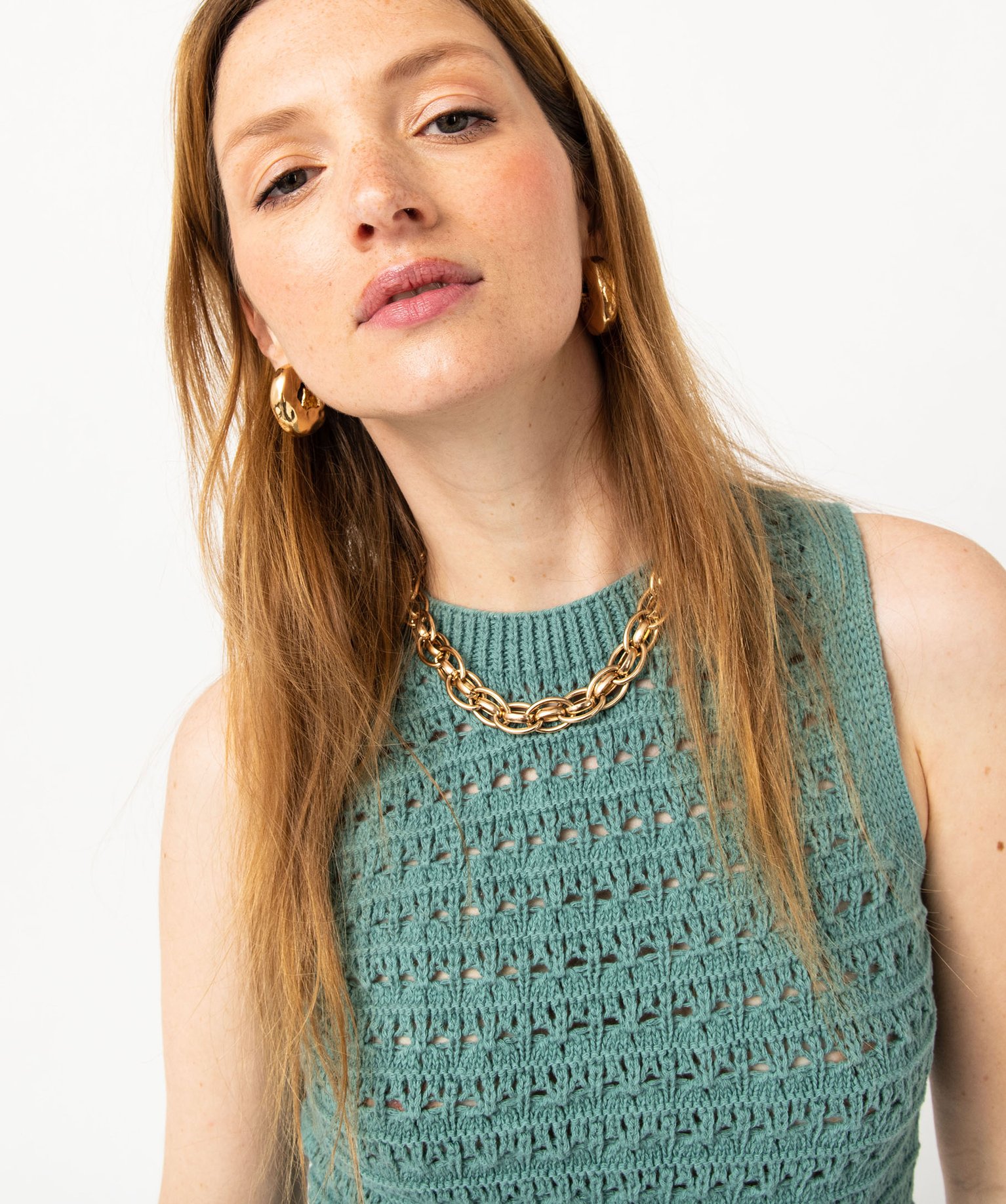 Débardeur en maille ajourée faon macramé femme bleu | GEMO