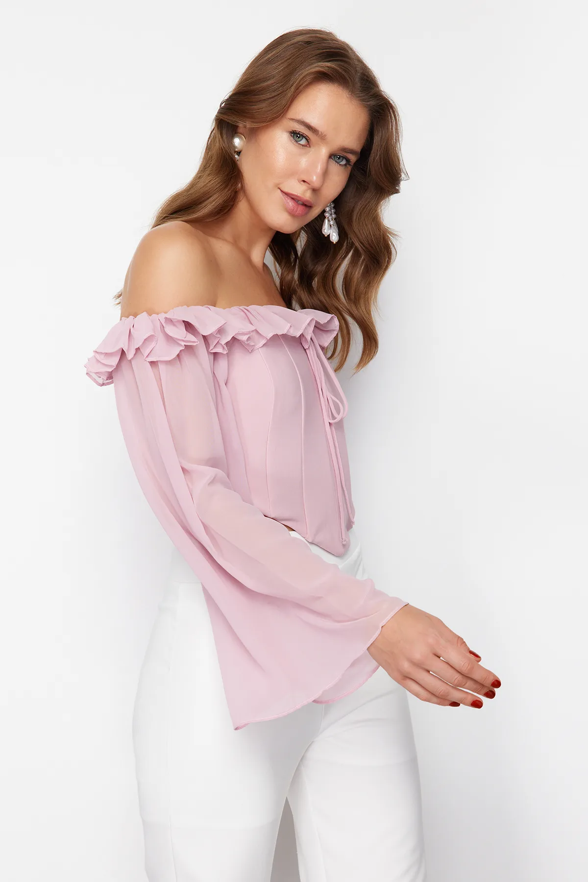 Trendyol Collection  Chiffon-Bustier – Korsett-Detail mit getrockneten Rosen, TPRSS24BS00039