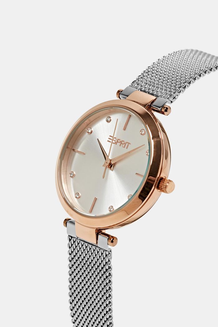Zweifarbige Uhr mit Mesh-Armband und Zirkonia