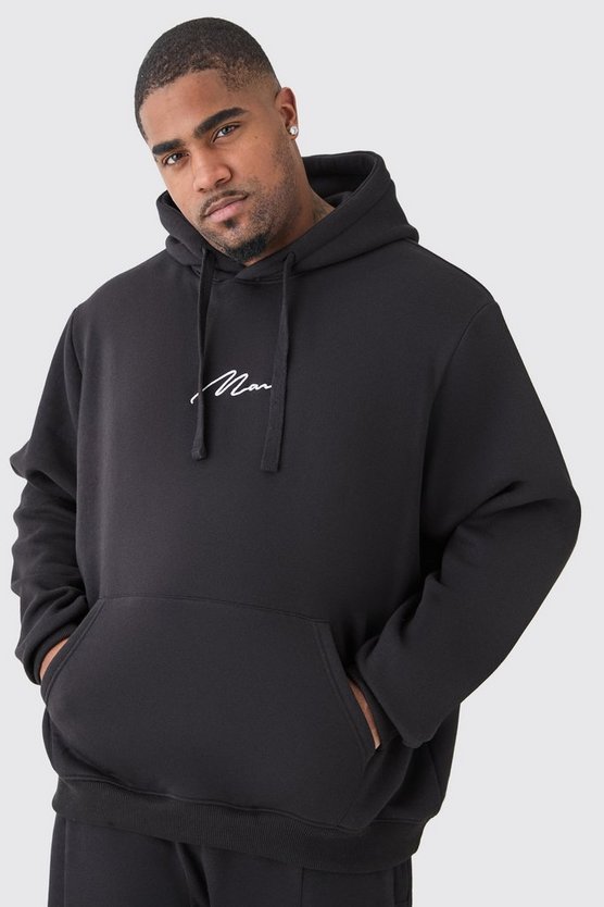 Plus schwarzer Basic Man Signature Hoodie mit Reißverschluss