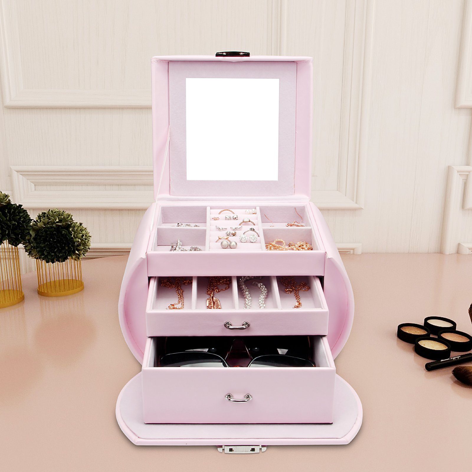 Yorbay Schmuckkasten Schmuckkoffer komplett abschließbar Schmuckkasten Pink (Mit 3 Ebenen, Mit Spiegel), Schmuckkästchen für Halsketten, Ringe, Armbänder, Ohrringe, Brille