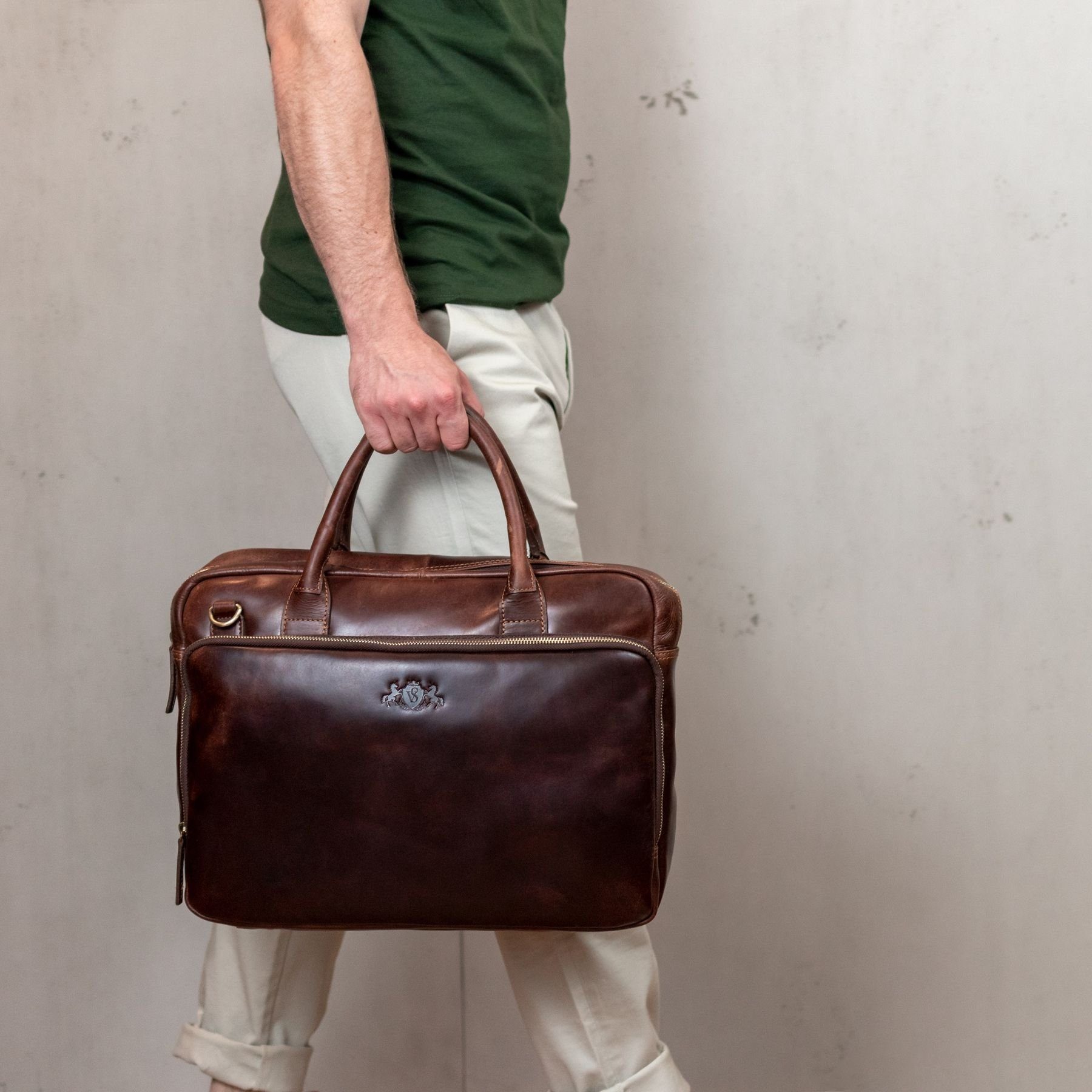 SID & VAIN Laptoptasche Leder Businesstasche Unisex RYAN, Laptoptasche 15,4 Zoll, Aktentasche Echtleder Damen Herren braun