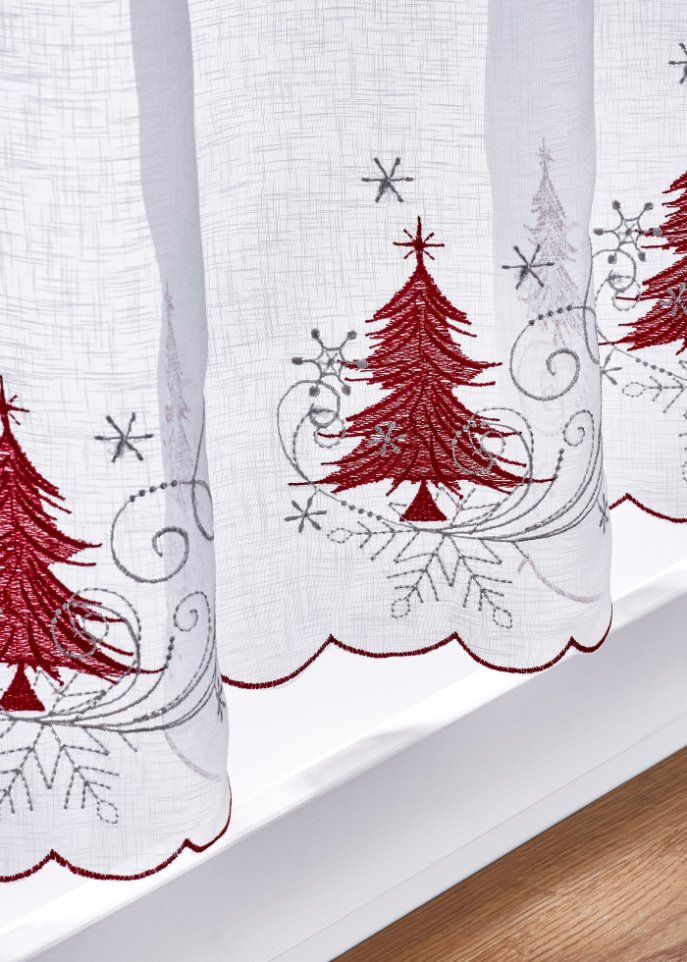 Scheibengardine mit weihnachtlicher Stickerei