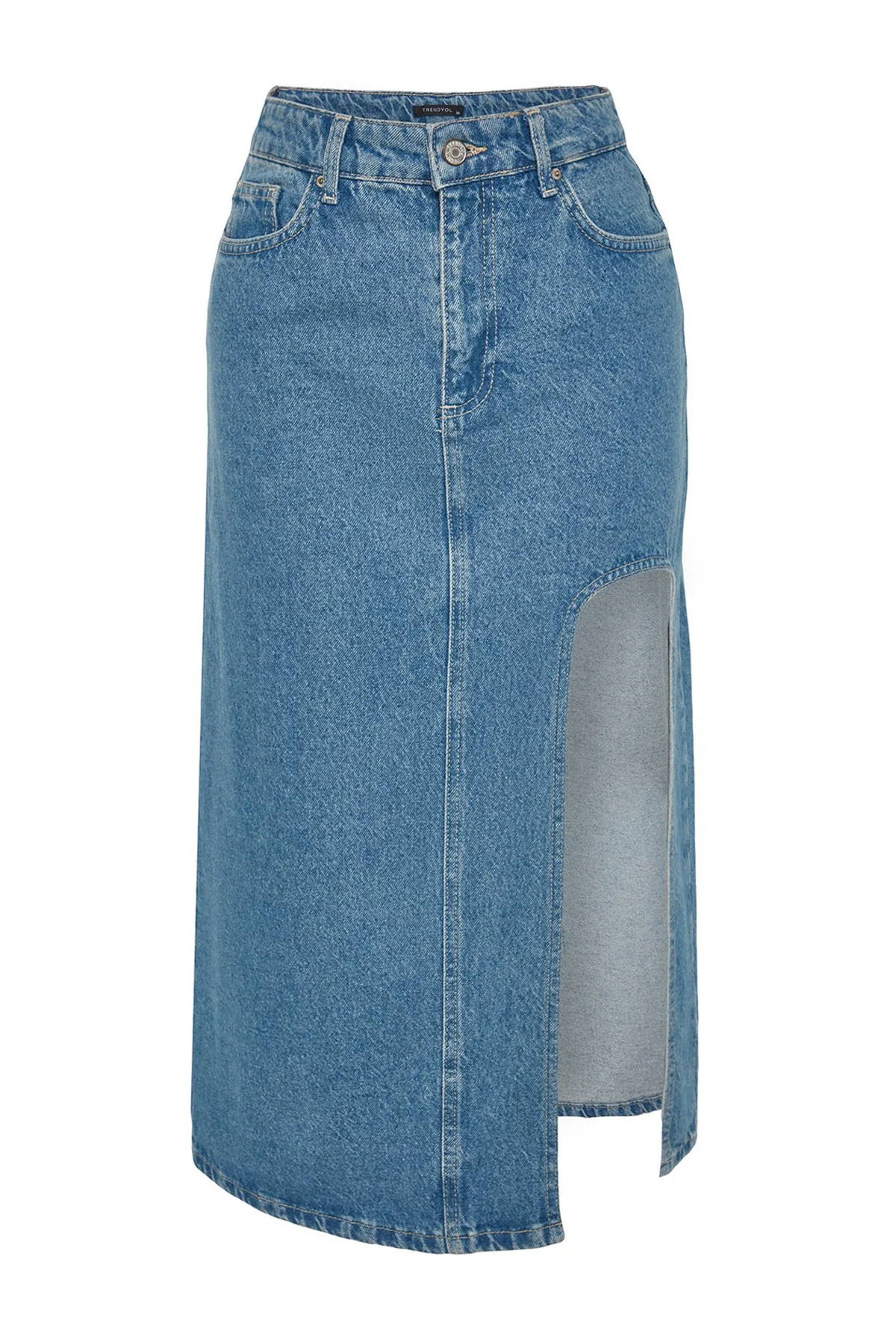 Trendyol Collection  Blauer geschlitzter Midi-Jeansrock TWOAW24ET00086