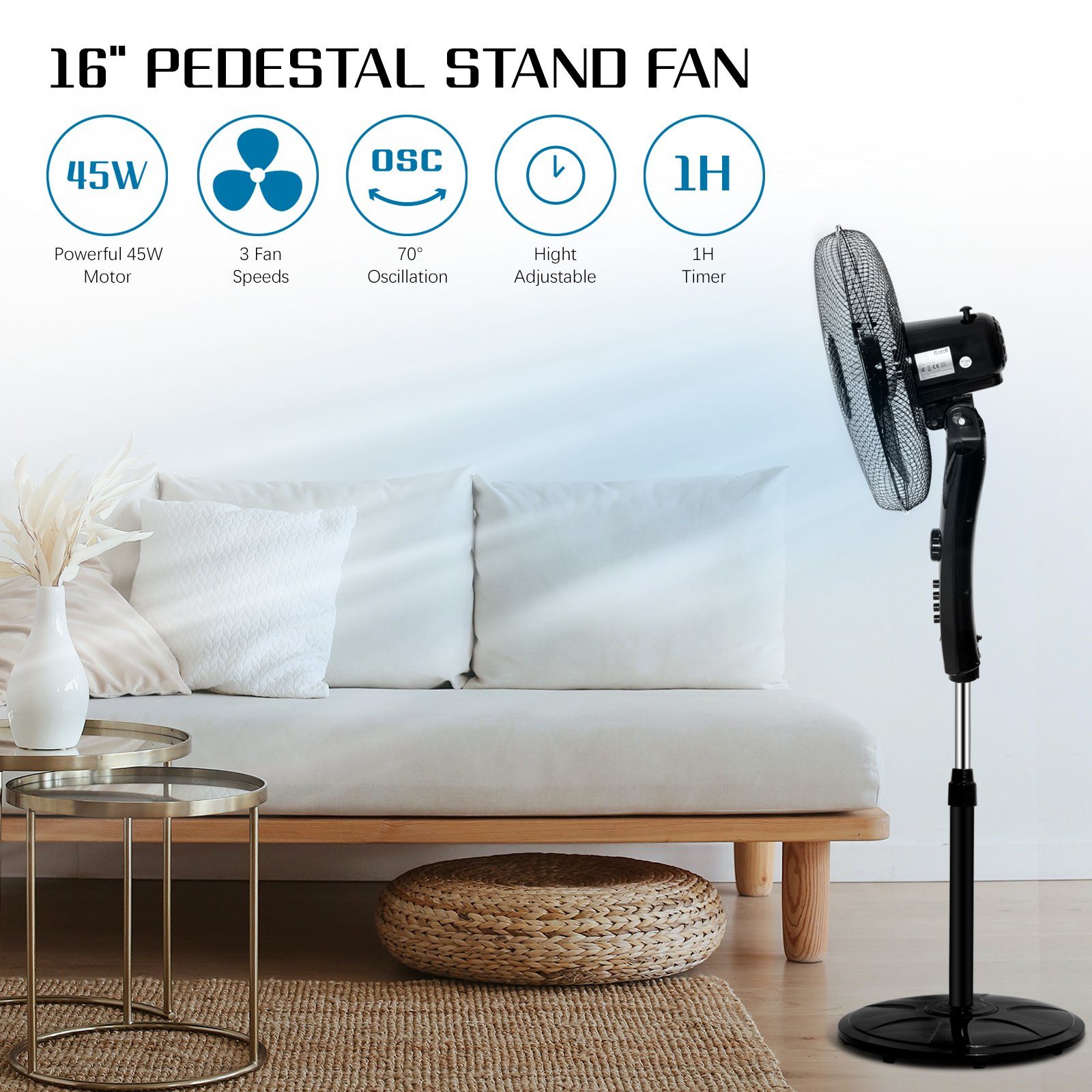 Gotoll Standventilator GLSF609, 41,00 cm Durchmesser, H 130cm Oszillierender Ventilator Leise Standlüfter