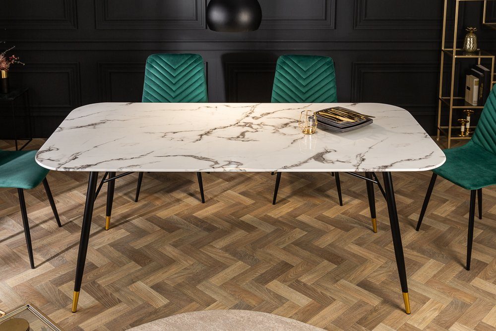 riess-ambiente Esstisch PARIS 180cm weiß / schwarz-gold, Kristallglas · Marmor-Dekor · Retro