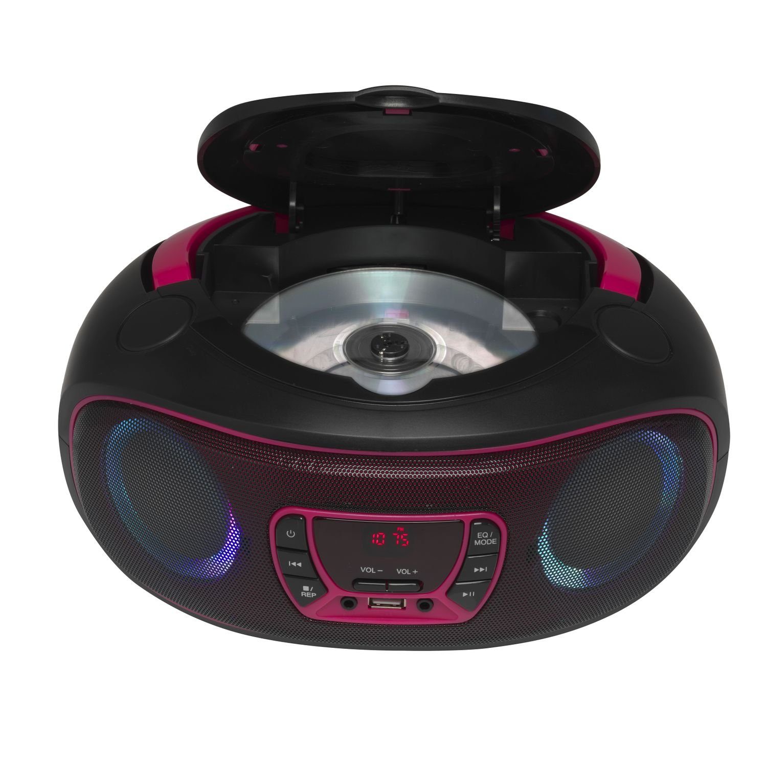 Denver TCL-212BT Pink tragbarer CD-Player (Bluetooth, USB, AUX-IN, Kopfhörerausgang und LED Partylicht)