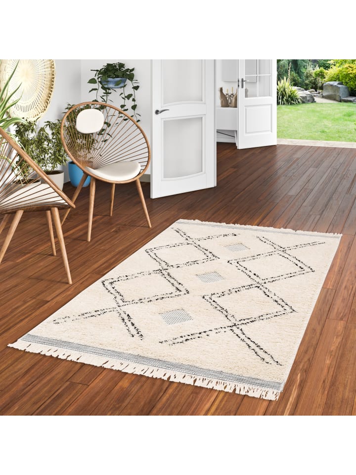 Pergamon In & Outdoor Teppich Shaggy Sylt Rauten in Creme günstig kaufen 135 x 190 cm