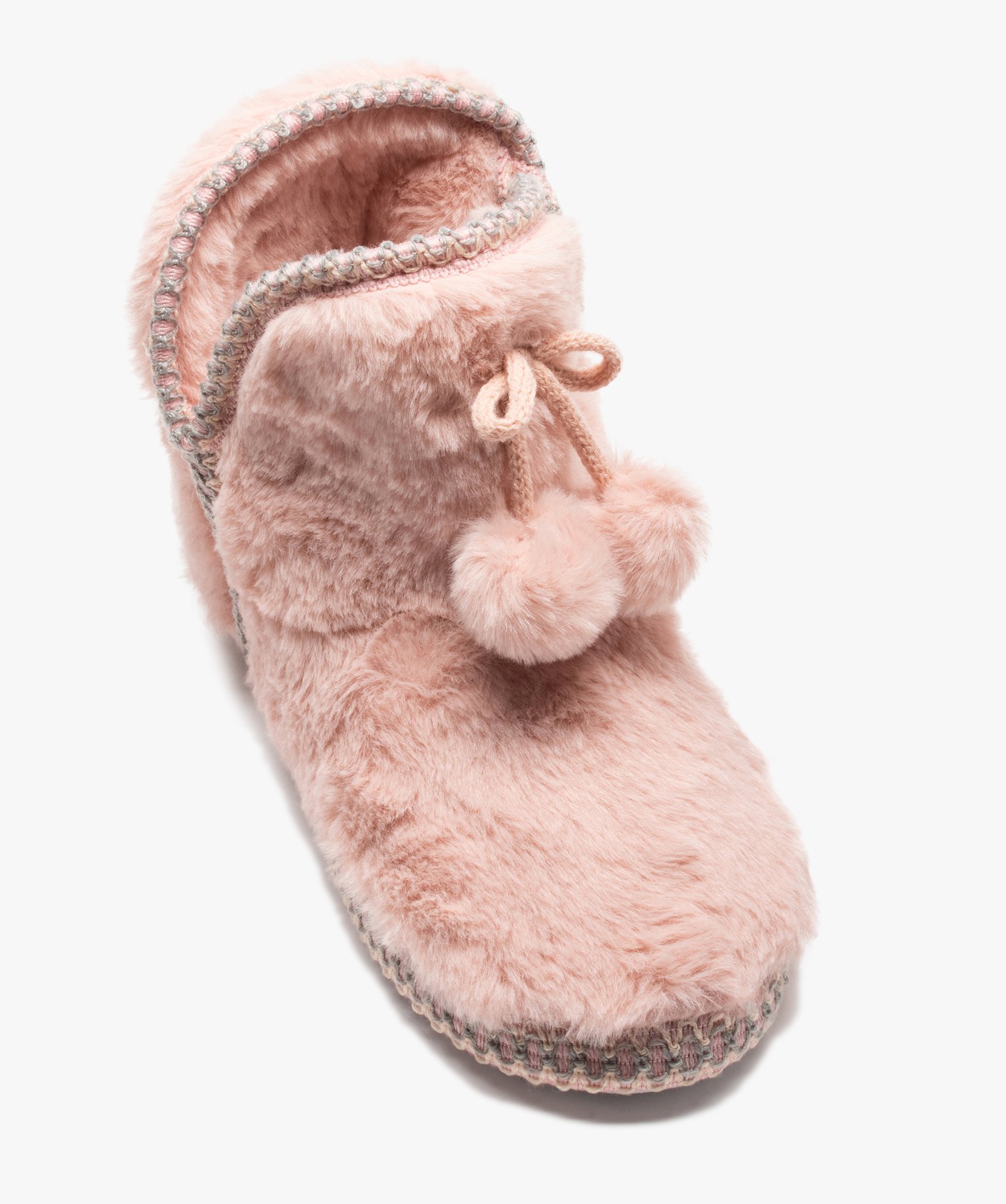 Chaussons femme boots en fourrure imitation et passementerie rose | GEMO