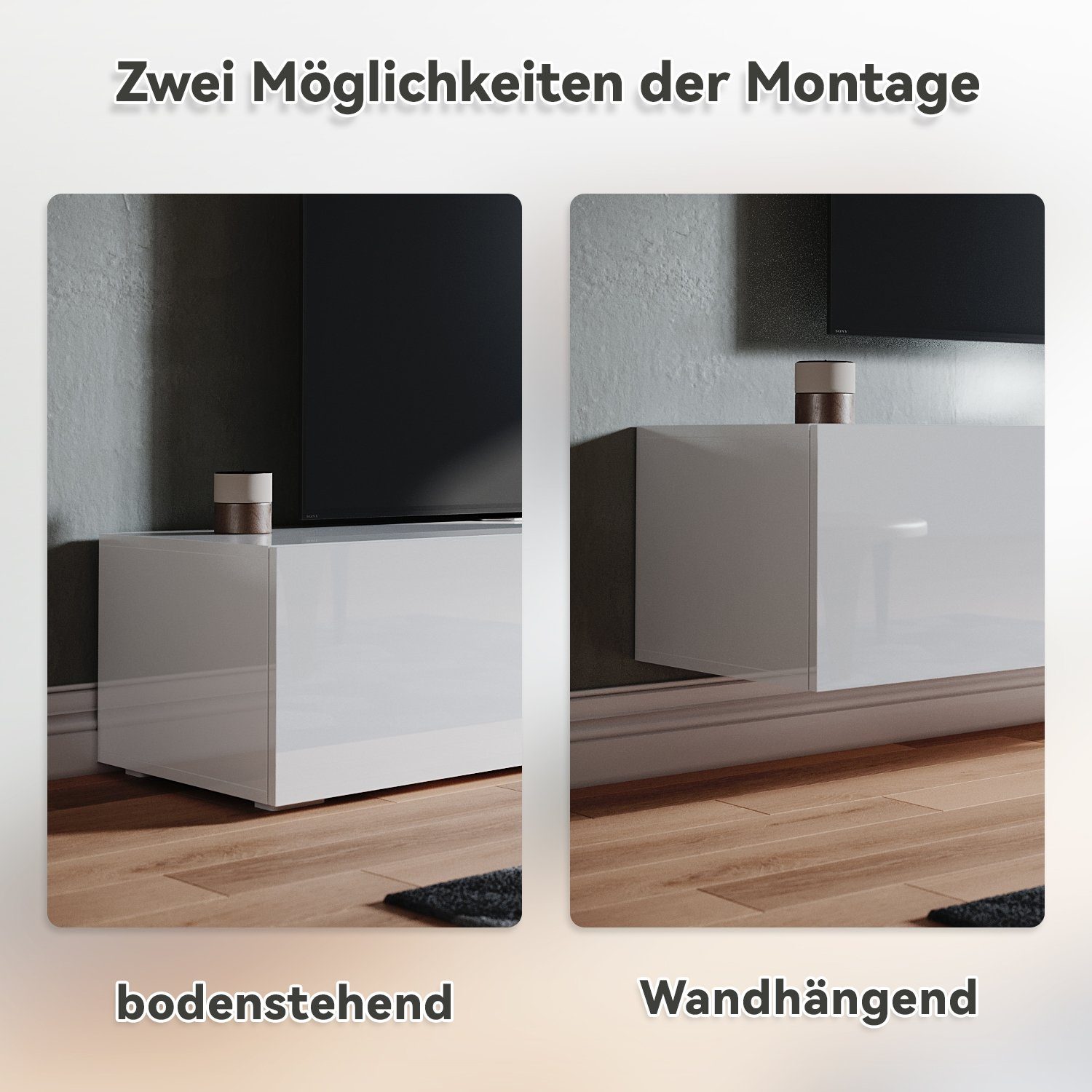SONNI Lowboard Breite 140cm,TV Board,Hängend,Hochglanz,Weiß,140x40x30cm