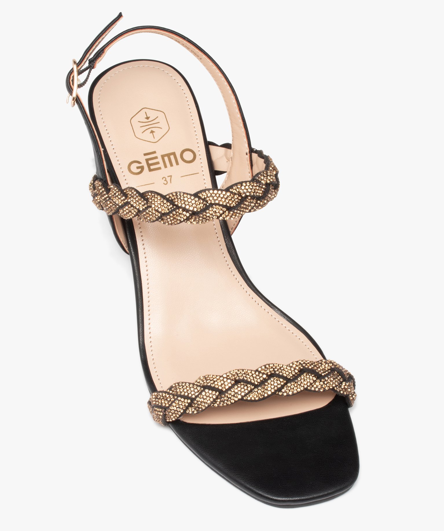Sandales femme à talon et brides tressées en strass noir | GEMO