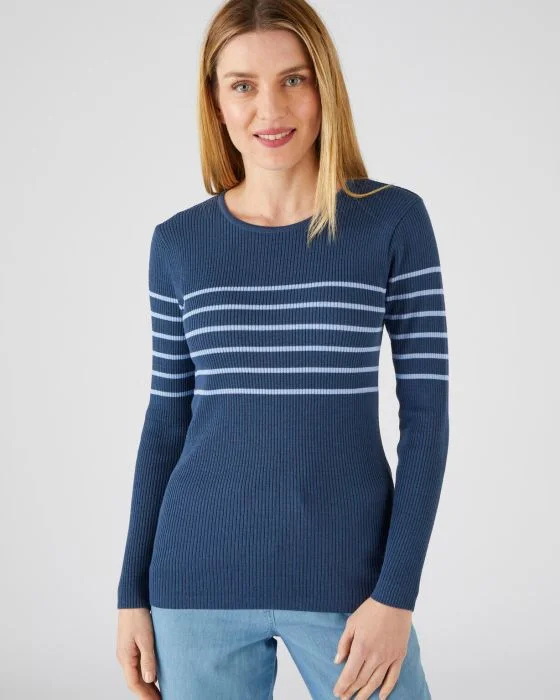Pull col rond 50% laine mérinos, uni et rayé