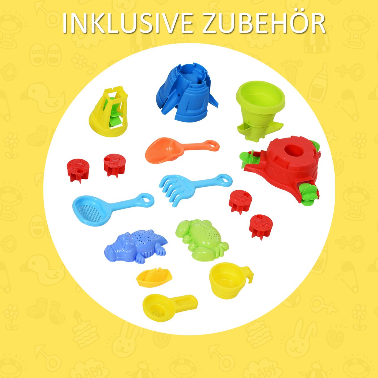 HOMCOM Kinder Spieltisch, Sandkastentisch mit 21-tlg. Zubehör, Wasserpark, Lernspielzeug, Baby Spielzeug ab 3 Jahren, PP, Bunt, 46 x 46 x 72 cm