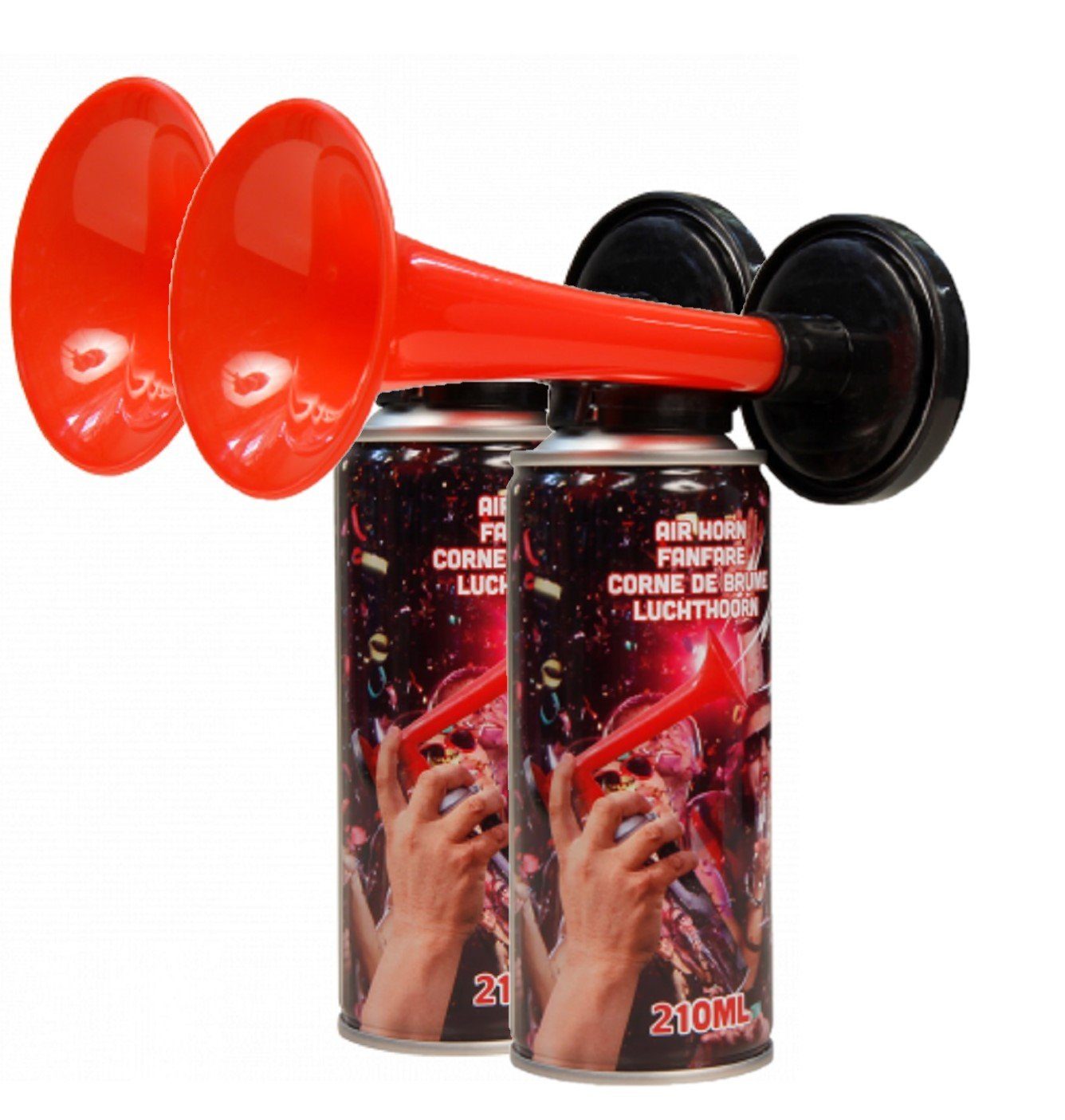RESCH Hornpfeife Air Horn 2er Set Druckluftfanfare - bis zu 60 Signale, je 210ml, (Fanfaren, 2-St., Bestehend aus 2 Hornpfeifen), Geeignet als Warnsingnal, Hupe Tröte Drucklufthupe Gashupe