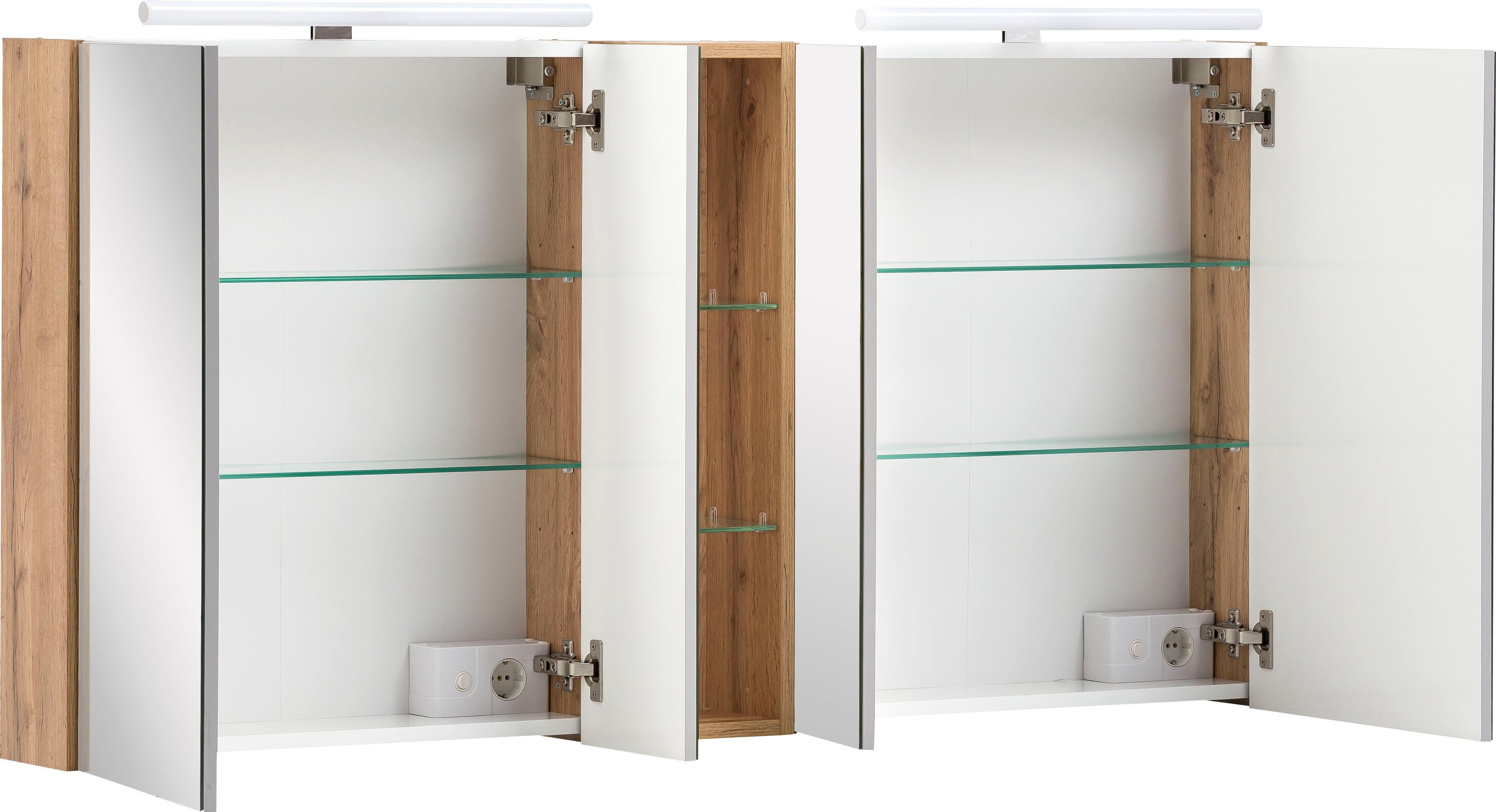 Schildmeyer Spiegelschrank Duo Breite 141,6 cm, 4-türig, 2x LED-Beleuchtung, Schalter-/Steckdosenbox