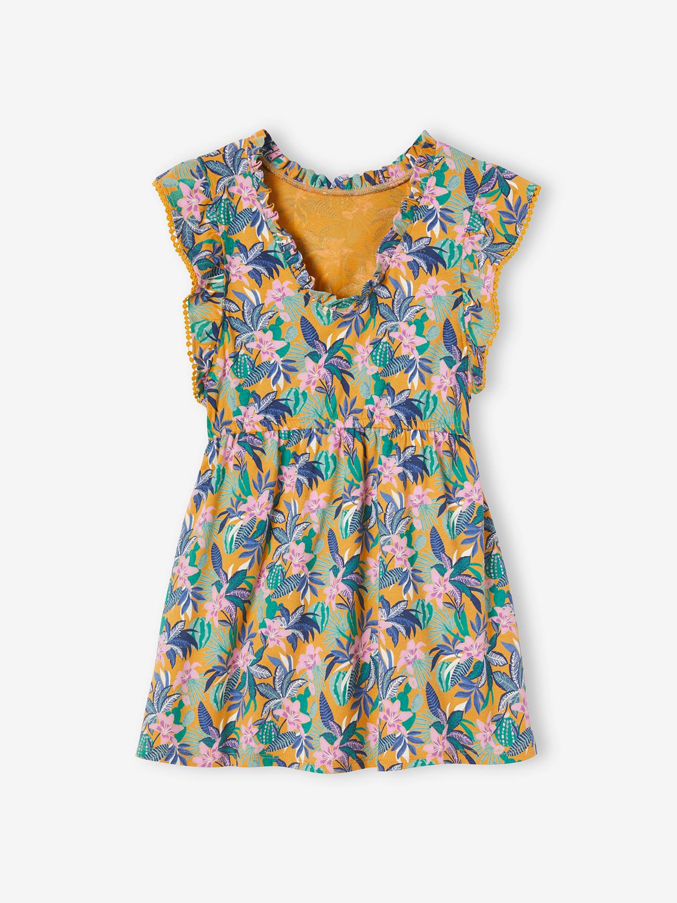 Robe à volants motifs exotiques fille moutarde