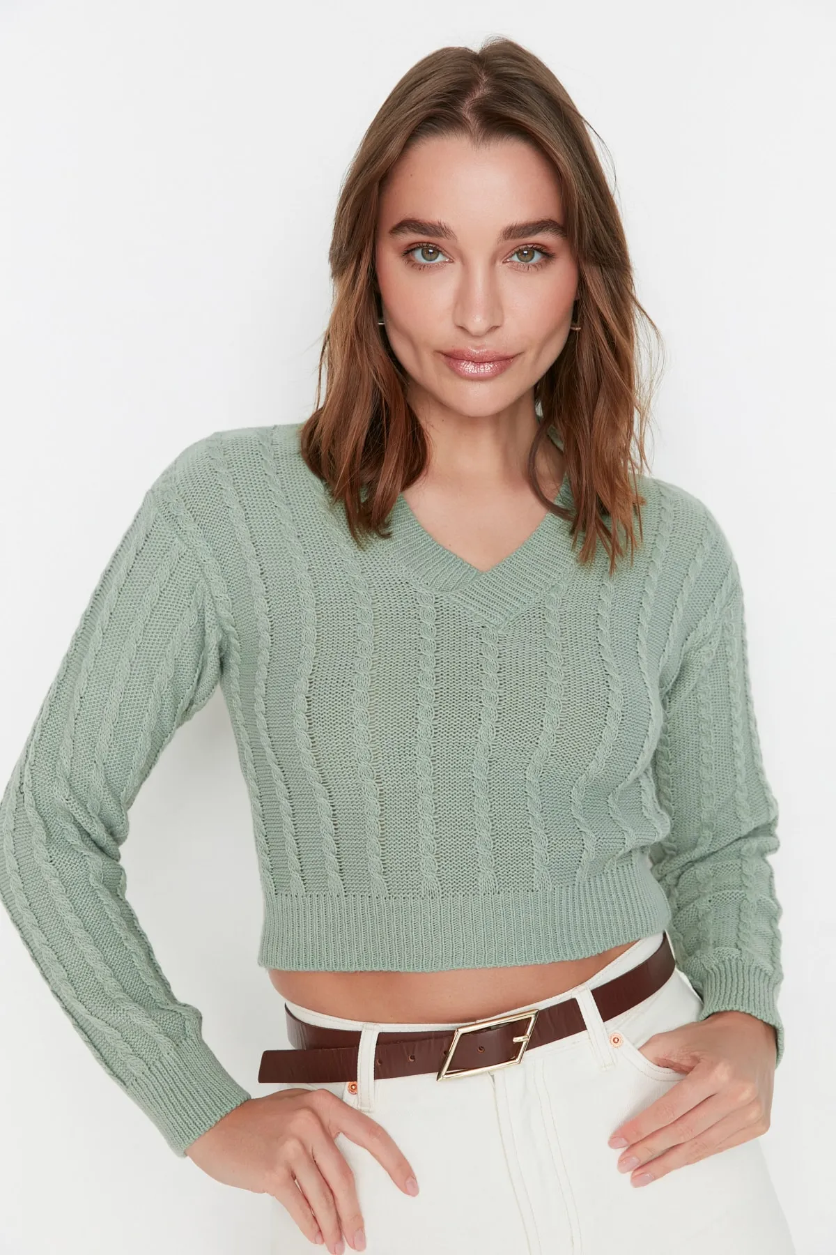 Trendyol Collection  Mintgrüner, kurzer Strickpullover mit Detail TWOAW23KZ00804
