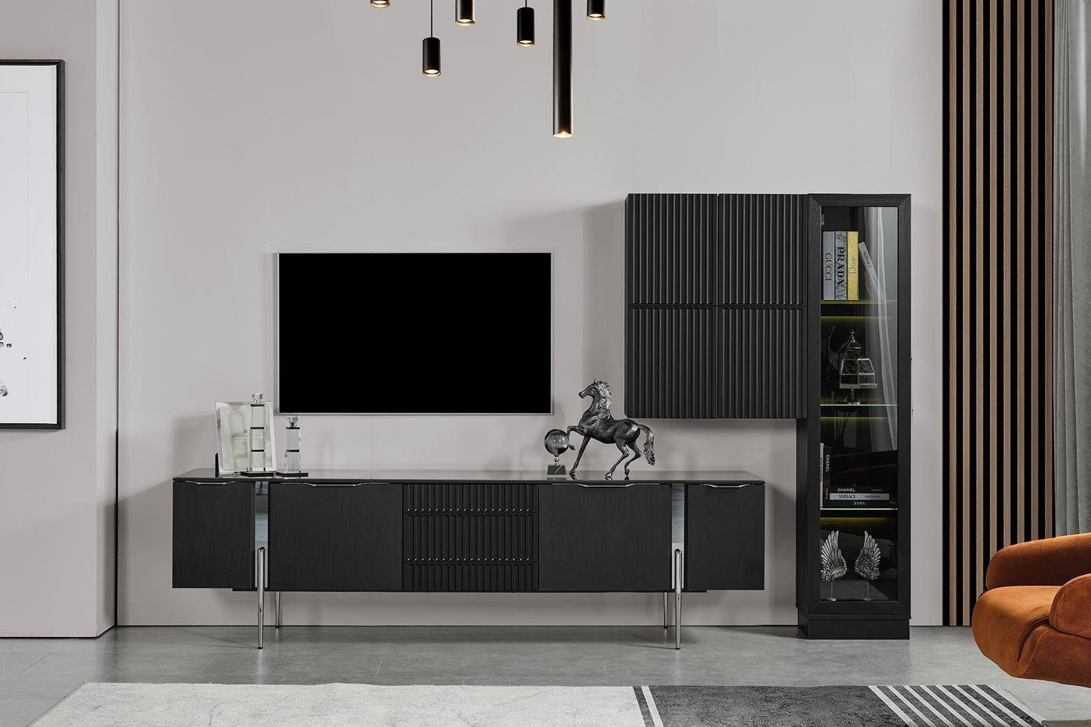 JVmoebel Wohnwand Schwarzer TV-Ständer Designer Wohnzimmer Möbel Luxus Wandschrank 3tlg, (1-St., Vitrine, TV Ständer, Wandschrank), Made in Europa