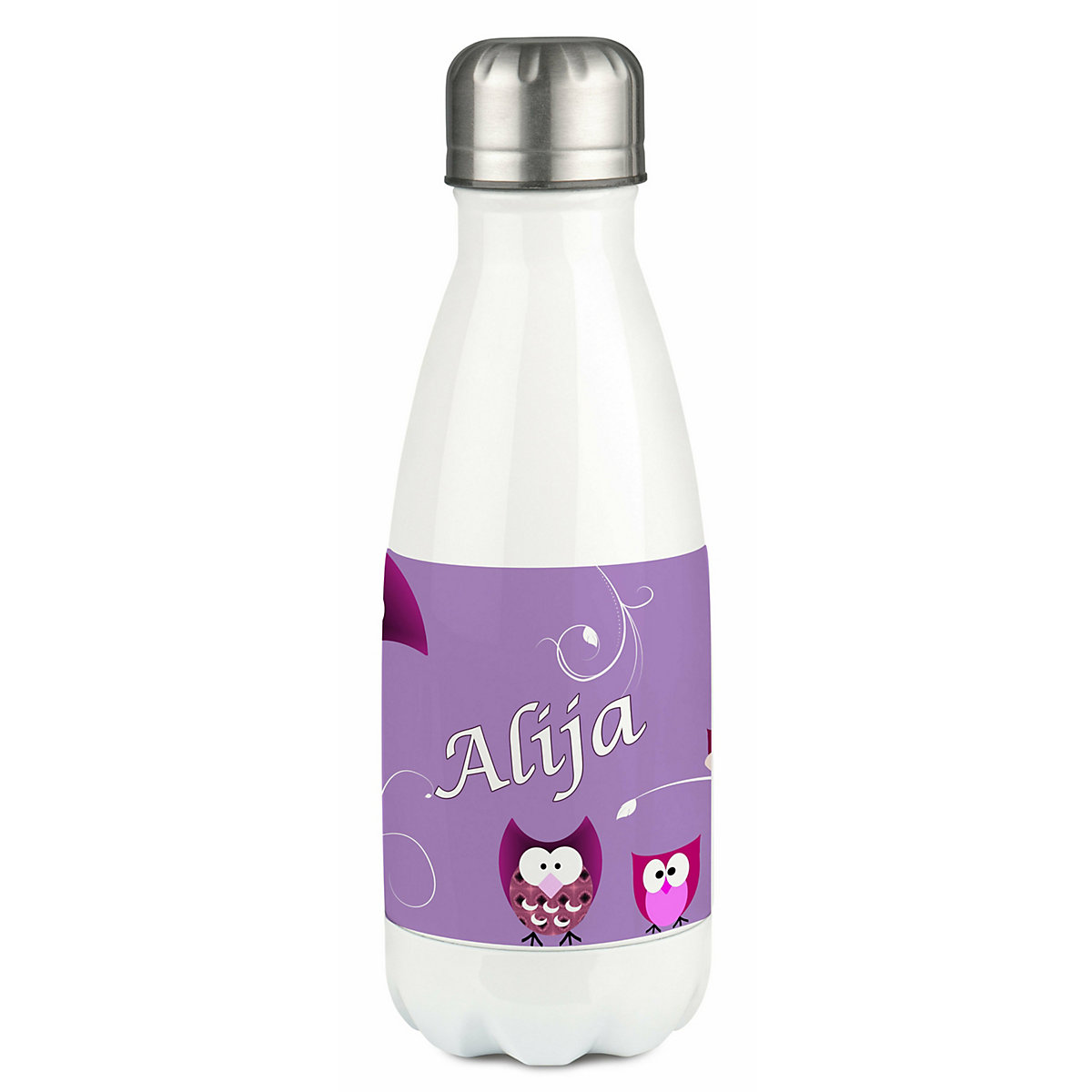 Edelstahl Kinder Thermoflasche / Trinkflasche bunt Eule Farbe lila Spülmaschinenfest, Auslaufsicher, Bruchfest, Doppelwandig, Für Heißgetränke geeignet, Mit Deckel, Isoliert