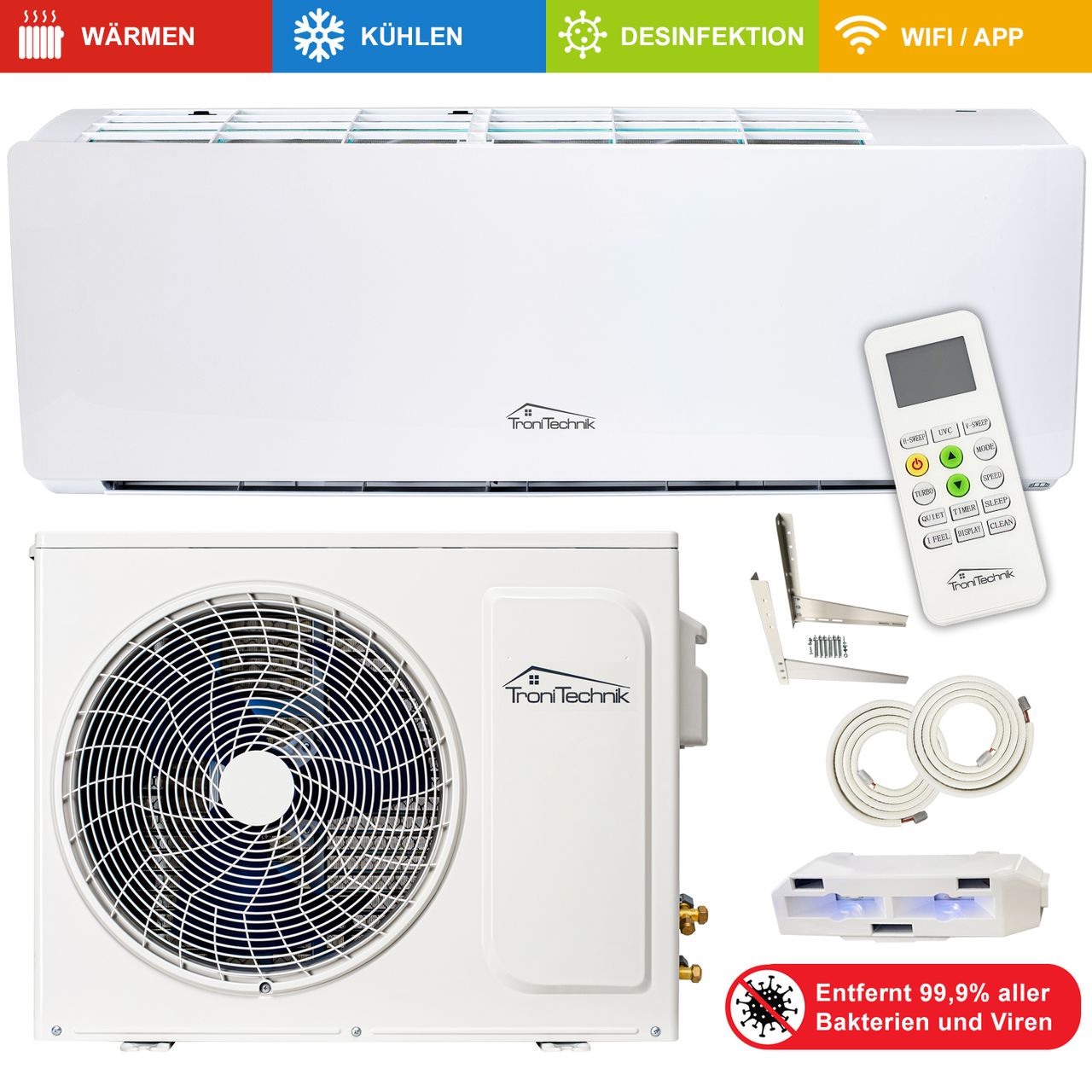 TroniTechnik Reykir Split Klimagerät Klimaanlage mit 12000 BTU, inkl. Zubehör, Wandhalterung und UV-C Reinigung