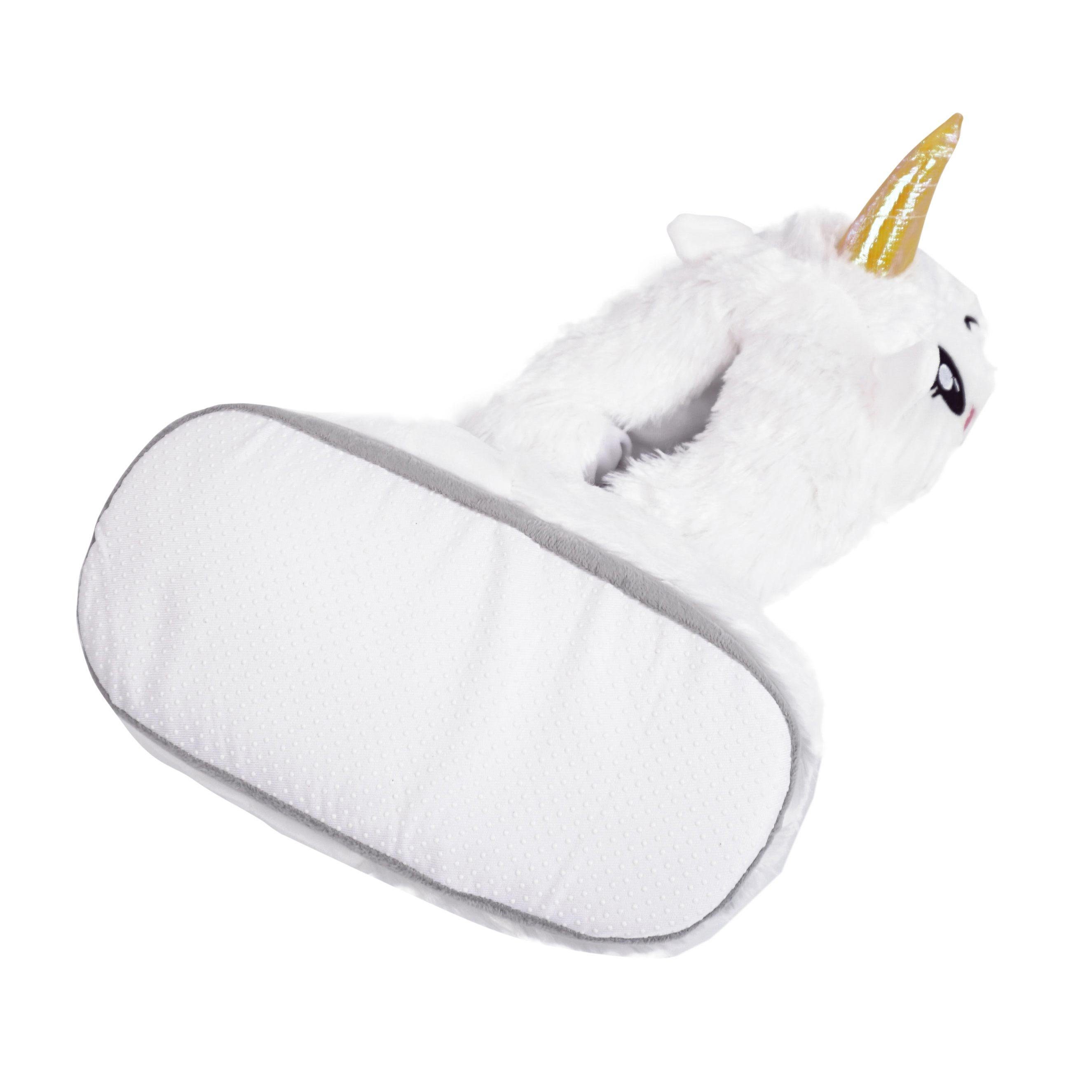GalaxyCat Süße Plüsch Einhorn Hausschuhe mit Glitzerhorn, Weiß Hausschuh Einhorn Pnatoffeln mit Glitzerhorn