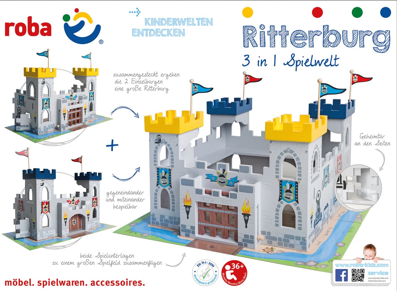 Roba Ritterburg '3in1', Holz Burg Set, 2 Burgen steckbar zu einem großen Fort